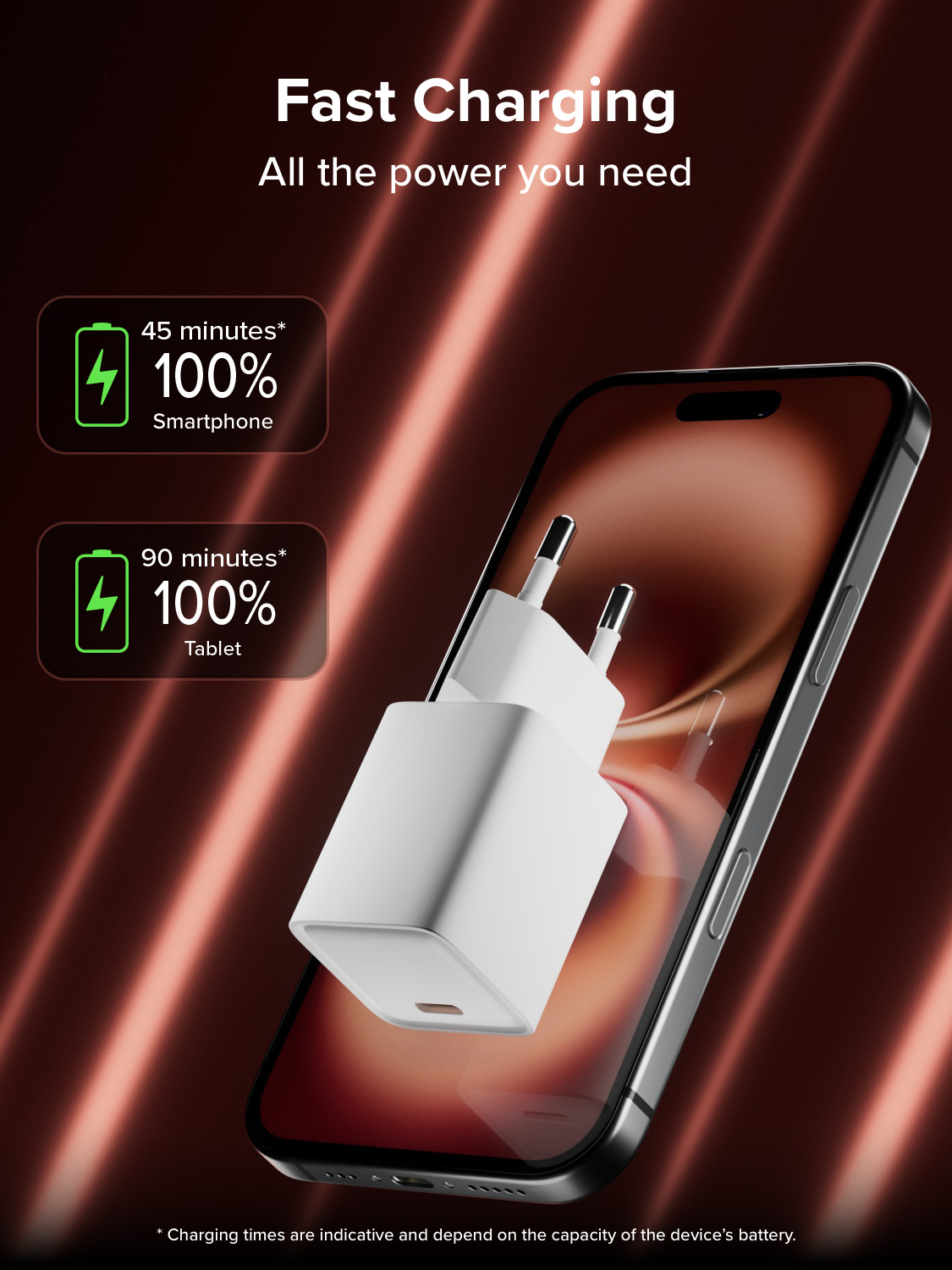 Ricarica rapida: Smartphone 100% in 45 min, Tablet 100% in 90 min. Caricatore bianco.