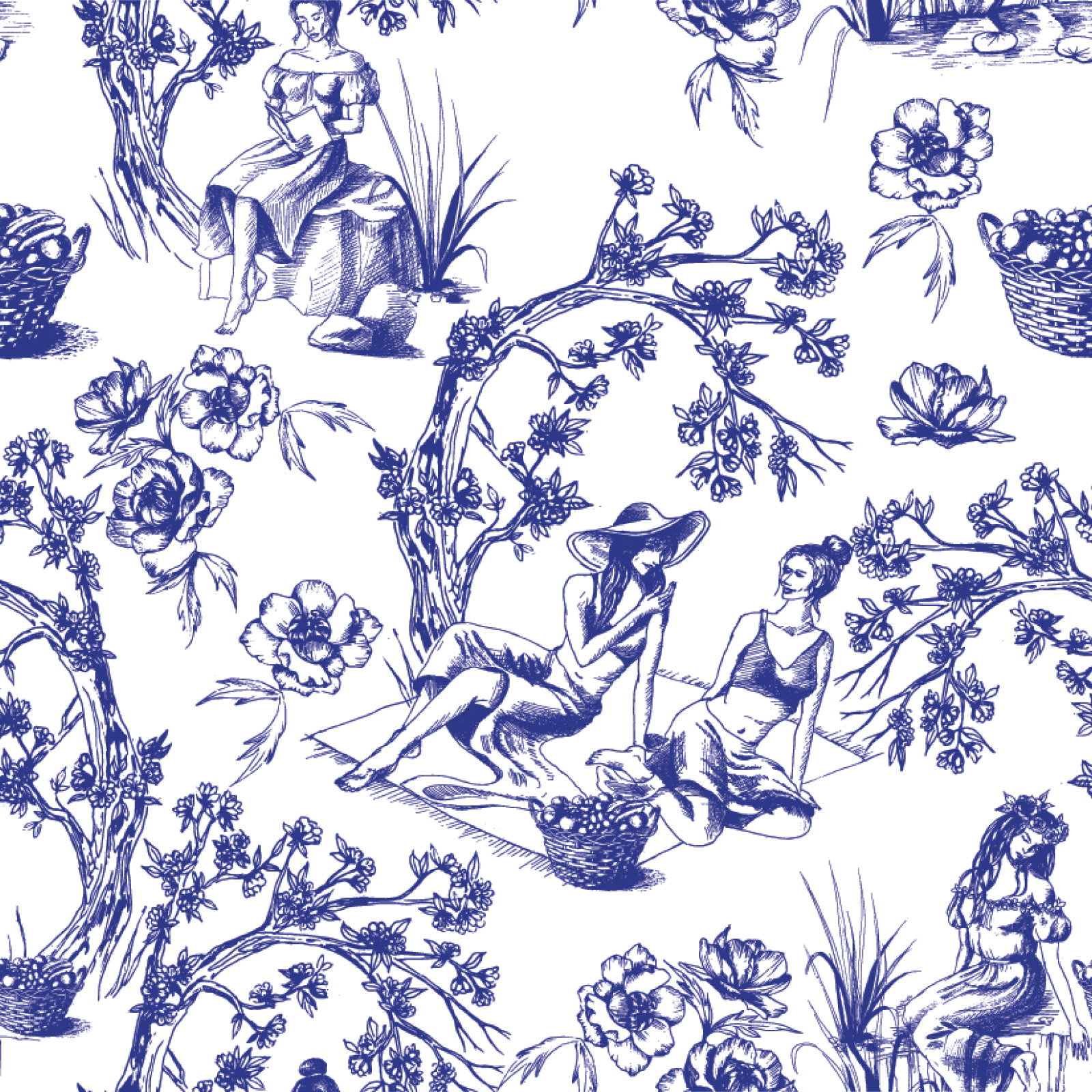 Disegno blu e bianco di donne in un parco con fiori e alberi.