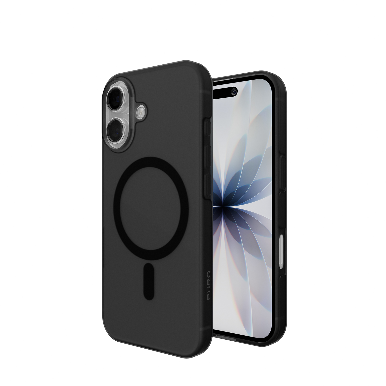 Telefono nero con cover, fotocamera e anello MagSafe.