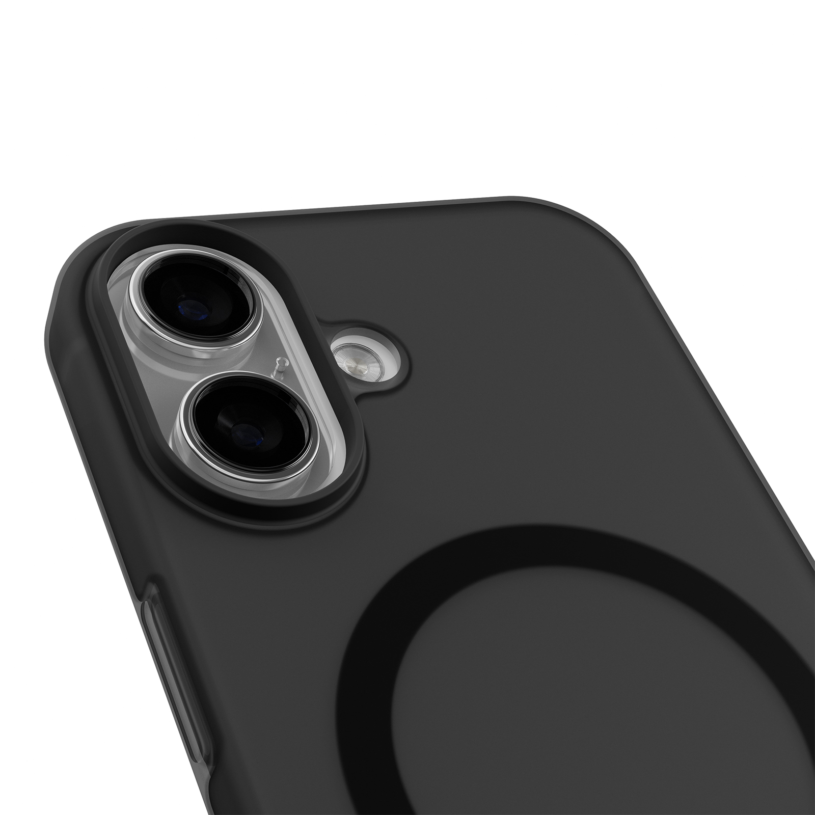 Primo piano del retro di una cover nera per telefono con due obiettivi e flash.