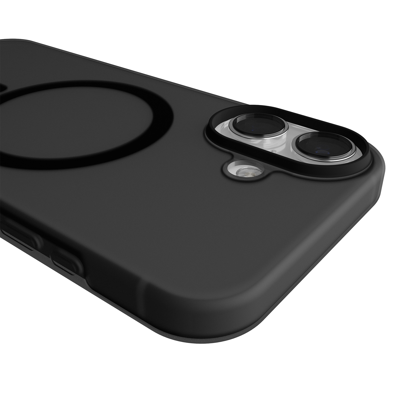 Custodia nera per telefono con ritaglio circolare e doppia fotocamera.