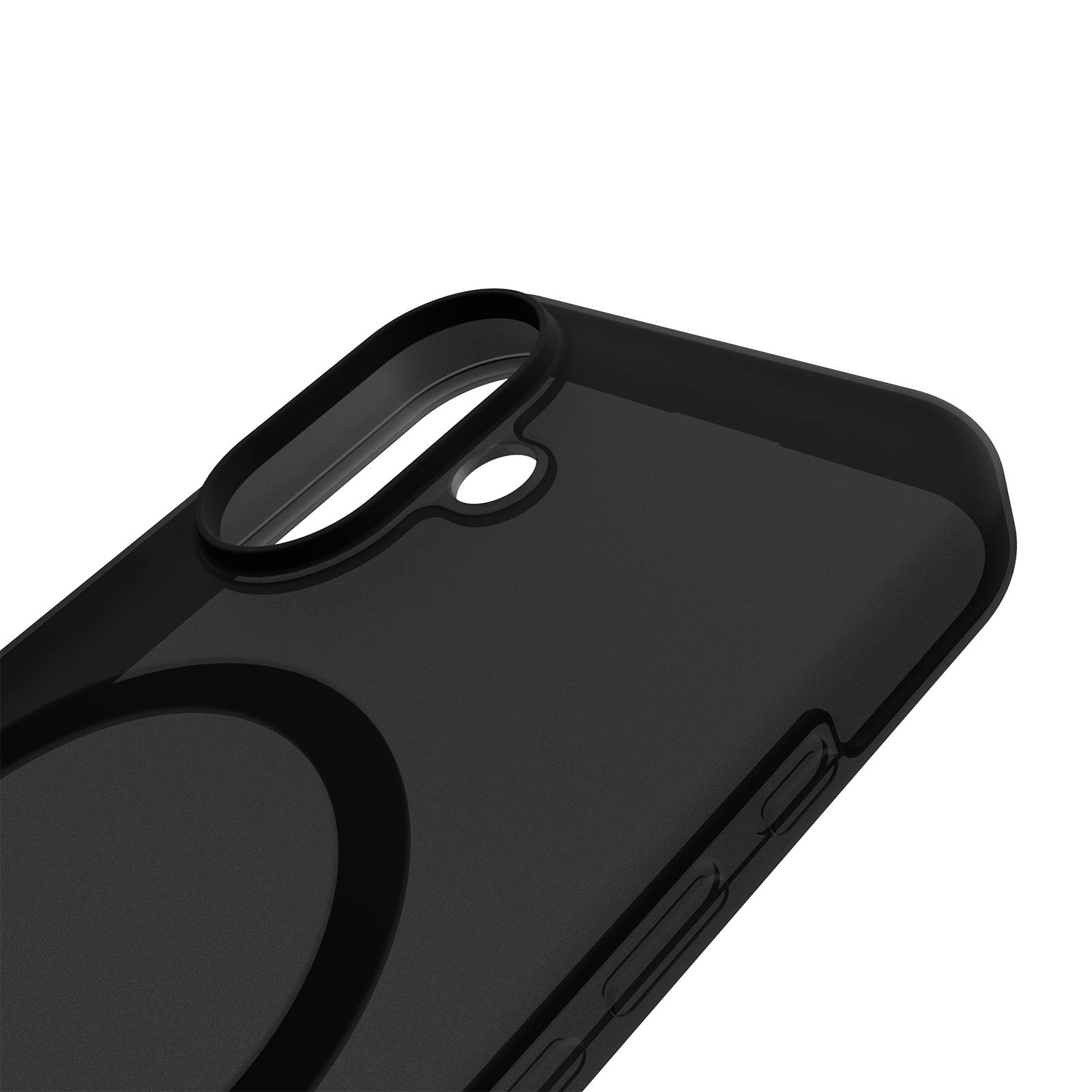 Custodia nera per telefono con ritagli per fotocamera e pulsanti, primo piano.