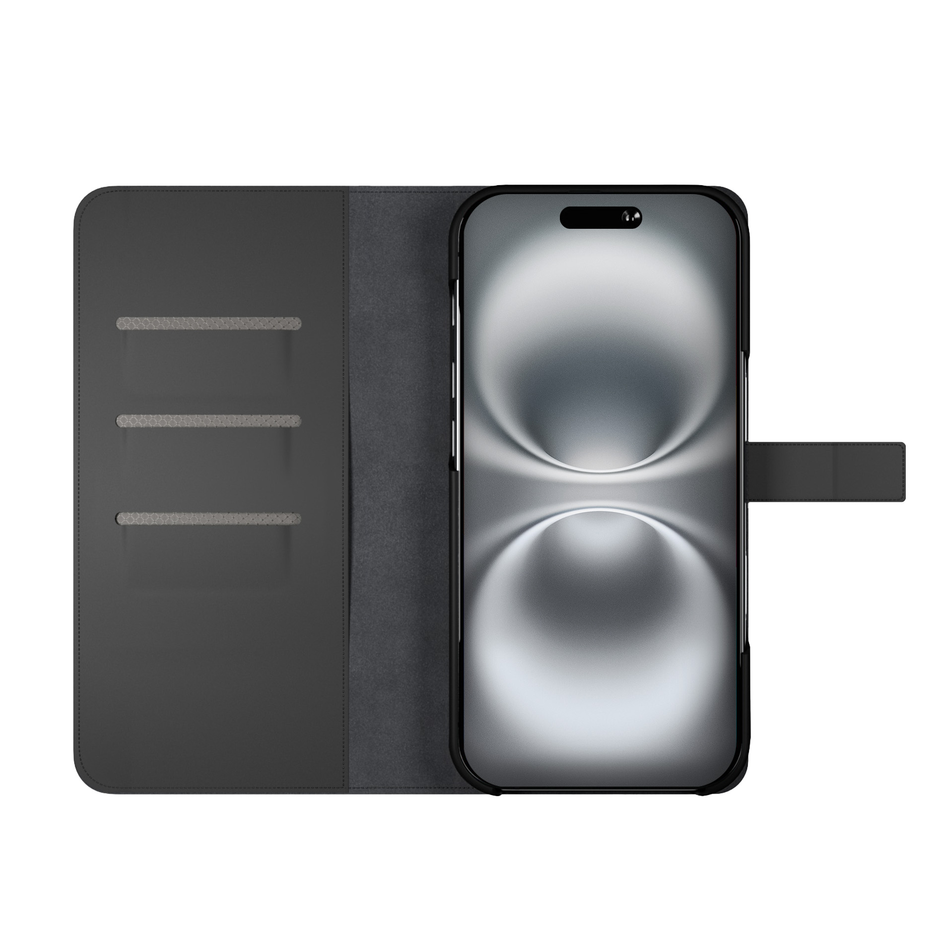 Ein schwarzes Smartphone mit offenem Klappcover auf weißem Hintergrund.