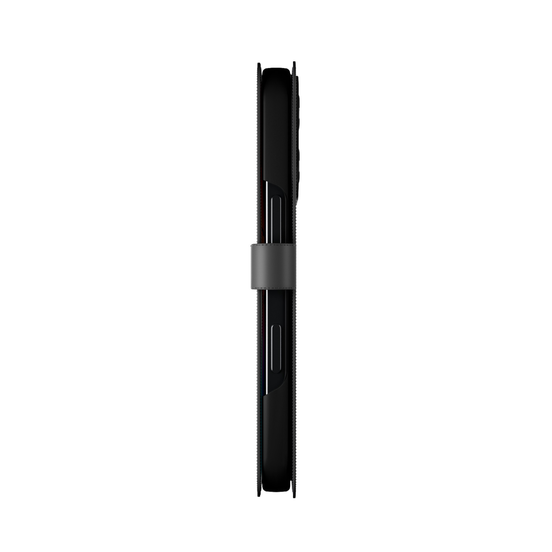 Schwarzes Handyhülle mit grauem Riemen, von der Seite gesehen.