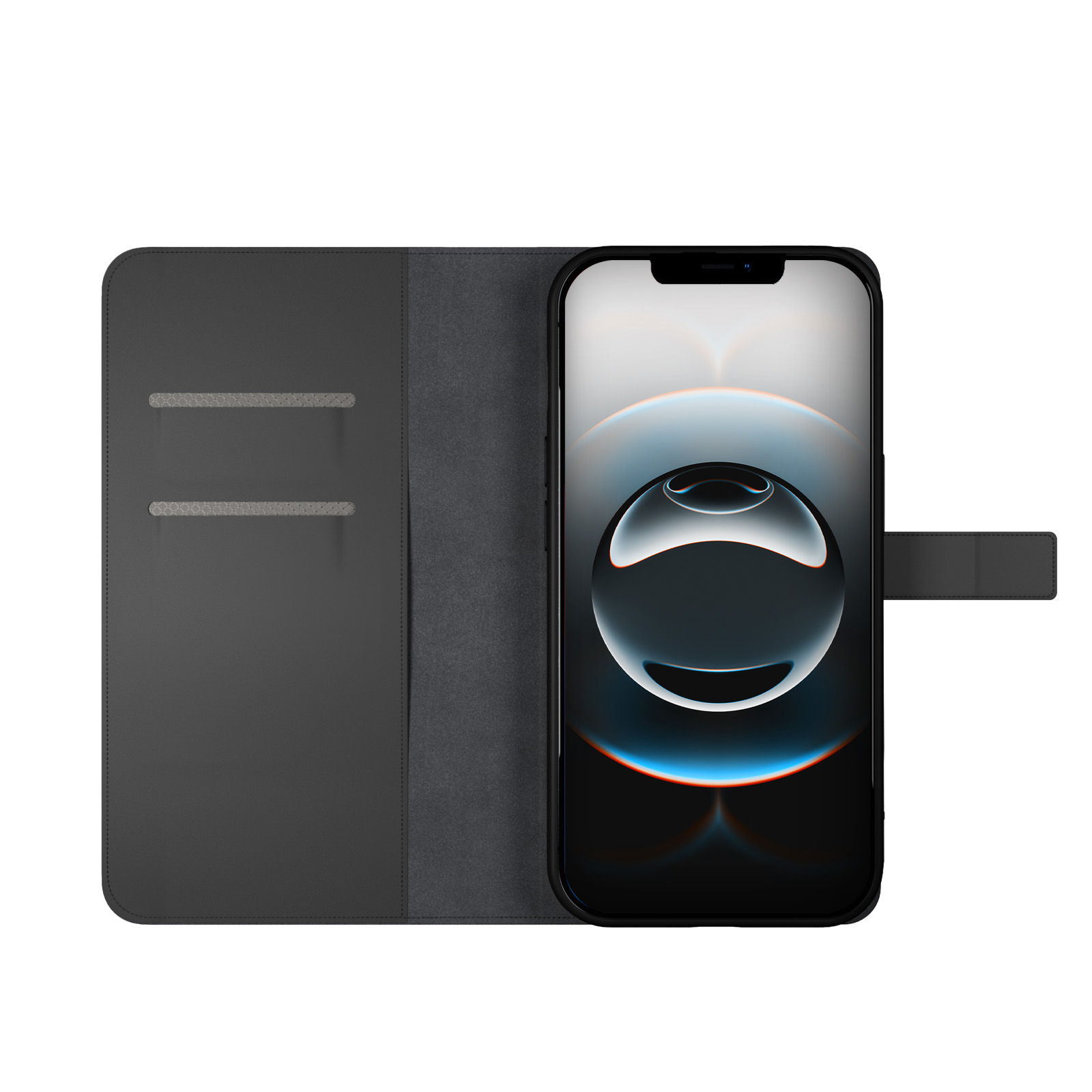 Uno smartphone nero all'interno di una custodia per telefono grigia aperta con slot per carte.