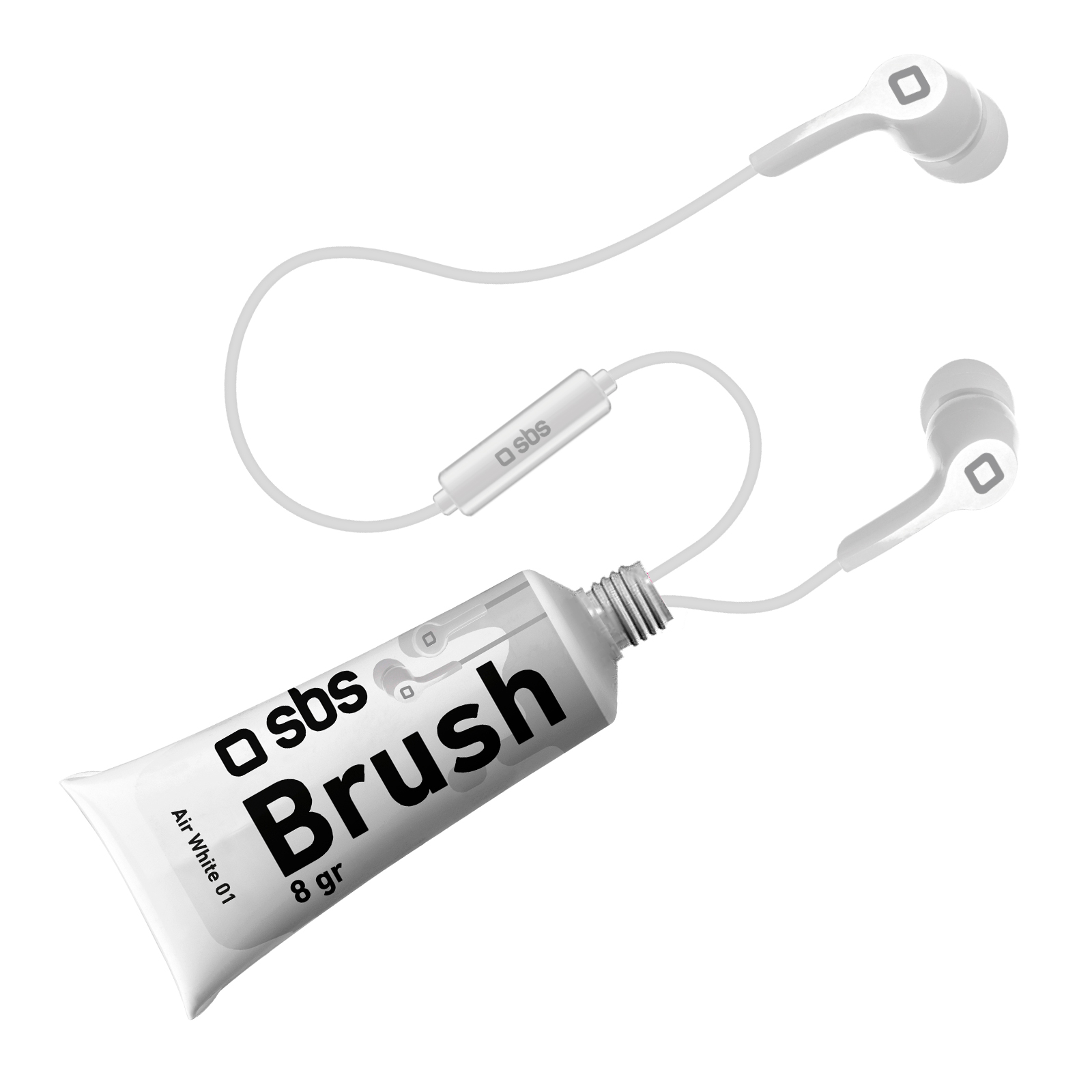 Auriculares blancos y un tubo con la etiqueta "Brush".