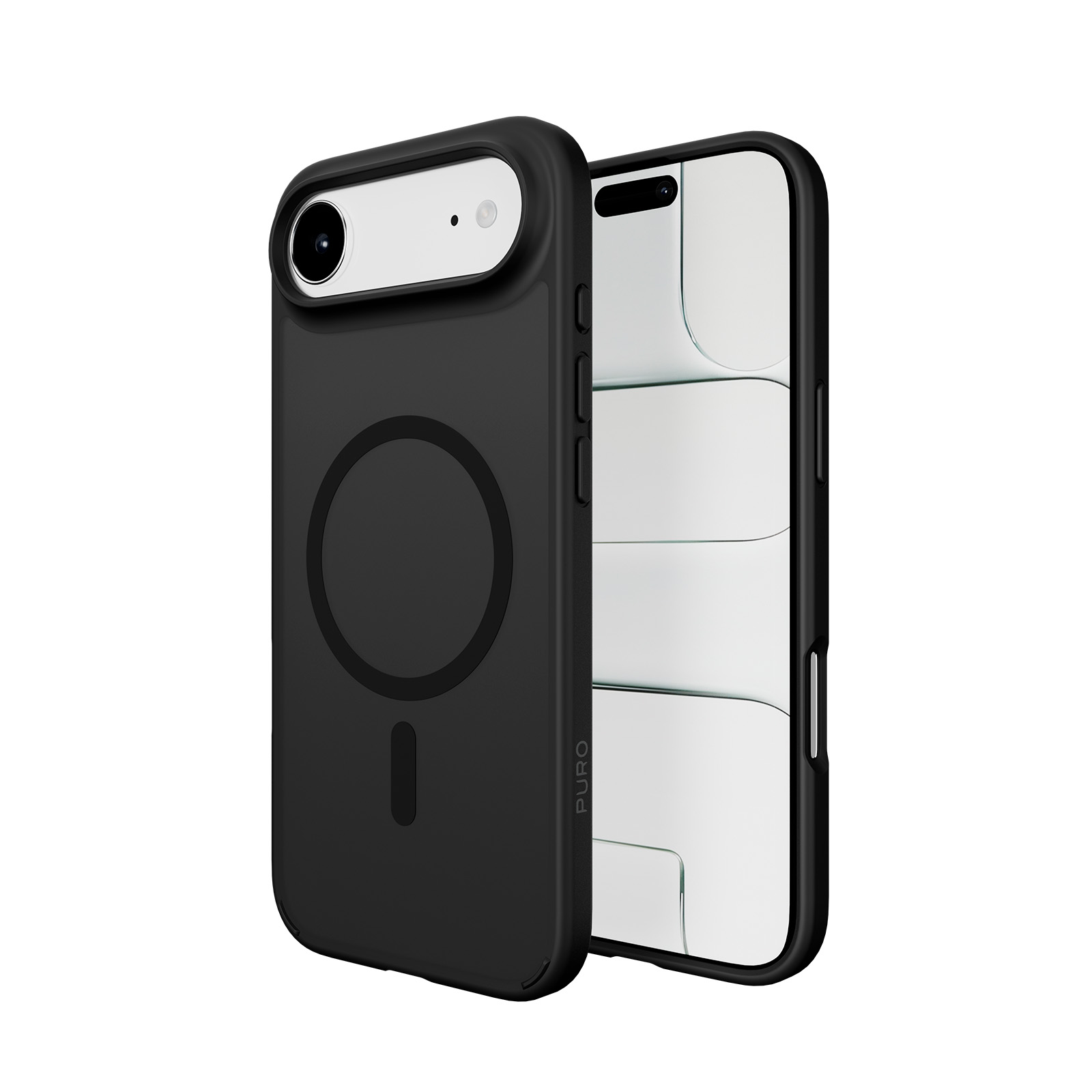 Custodia nera per telefono con cerchio magnetico e ritaglio fotocamera, accanto a un telefono.