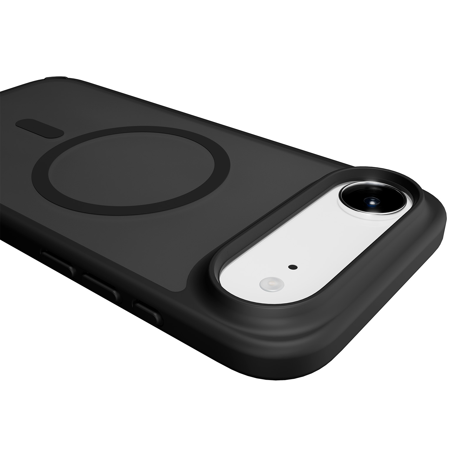 Custodia nera per telefono con ritaglio fotocamera e anello magnetico.