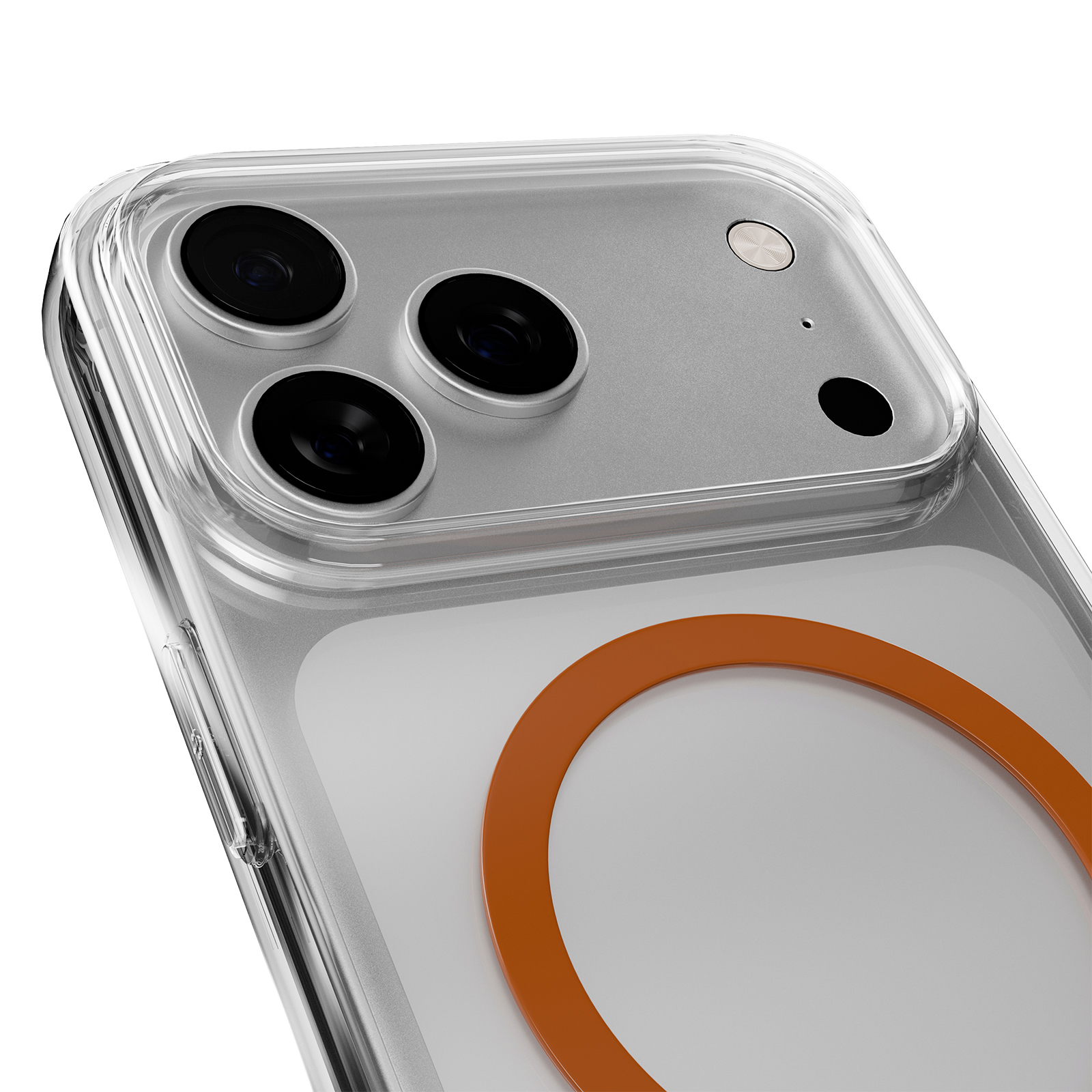 Una custodia trasparente per telefono con tre fotocamere e un cerchio arancione.