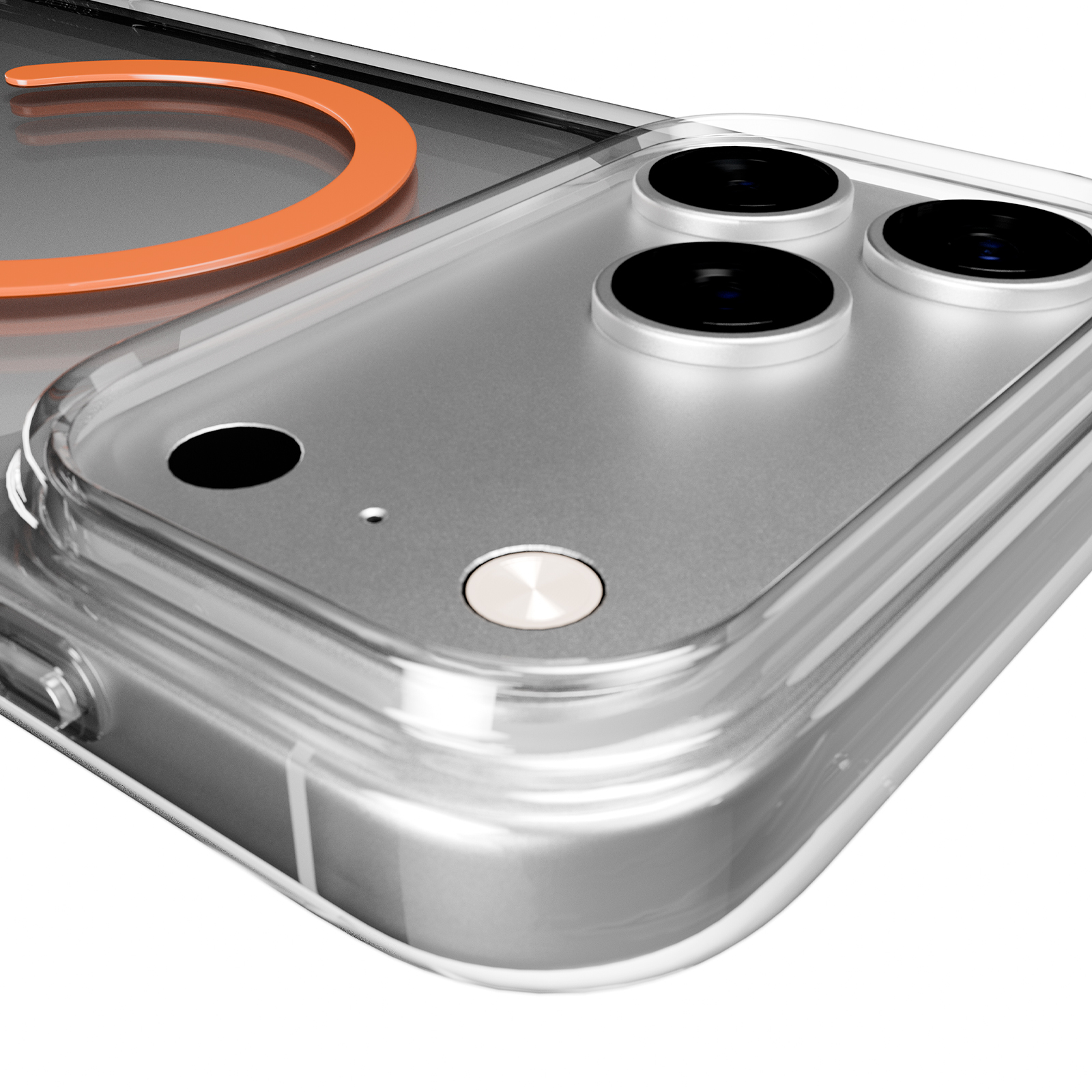 Primo piano di una cover trasparente per telefono con anello arancione e lenti.