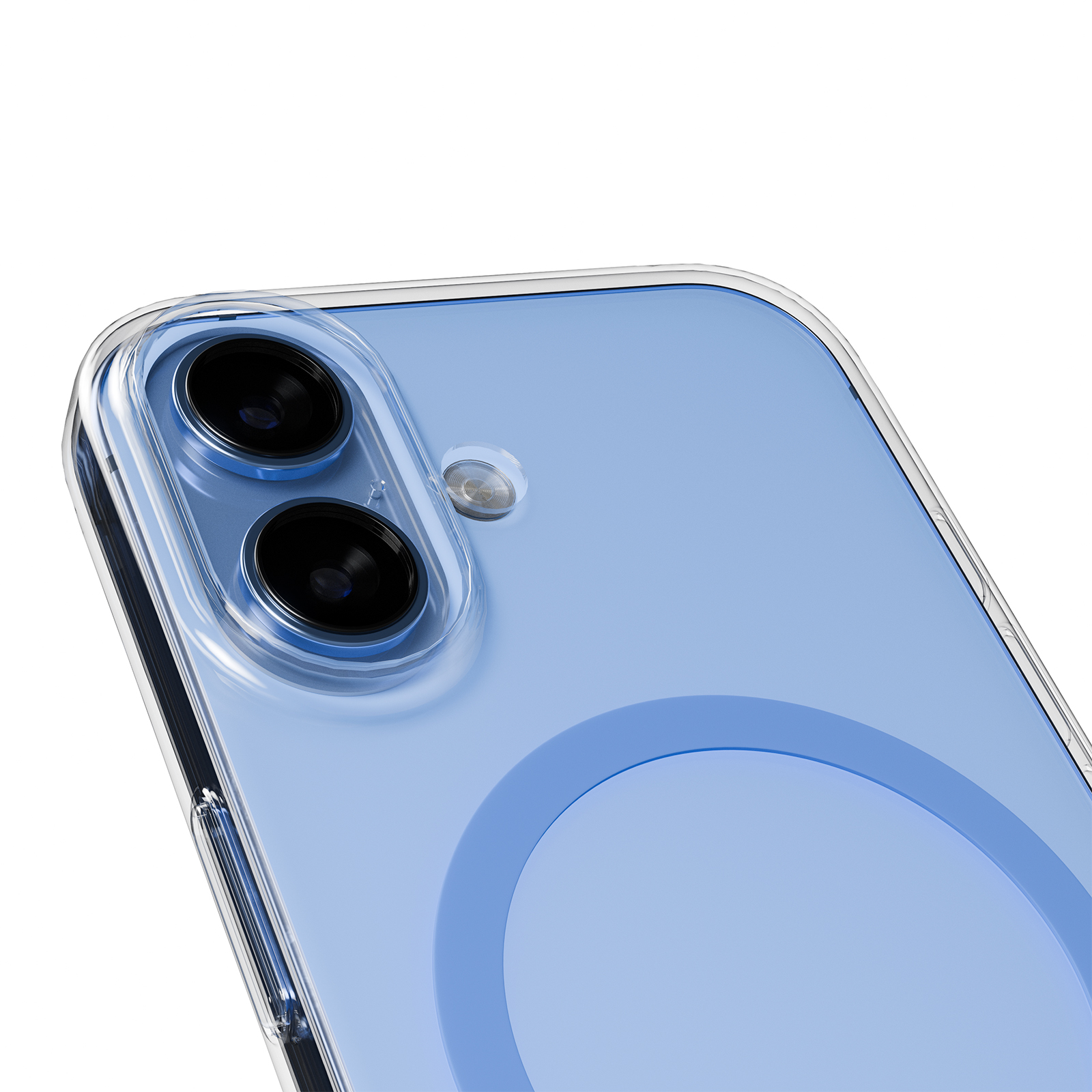 Primo piano di uno smartphone azzurro con cover trasparente, mostra doppia fotocamera e flash.