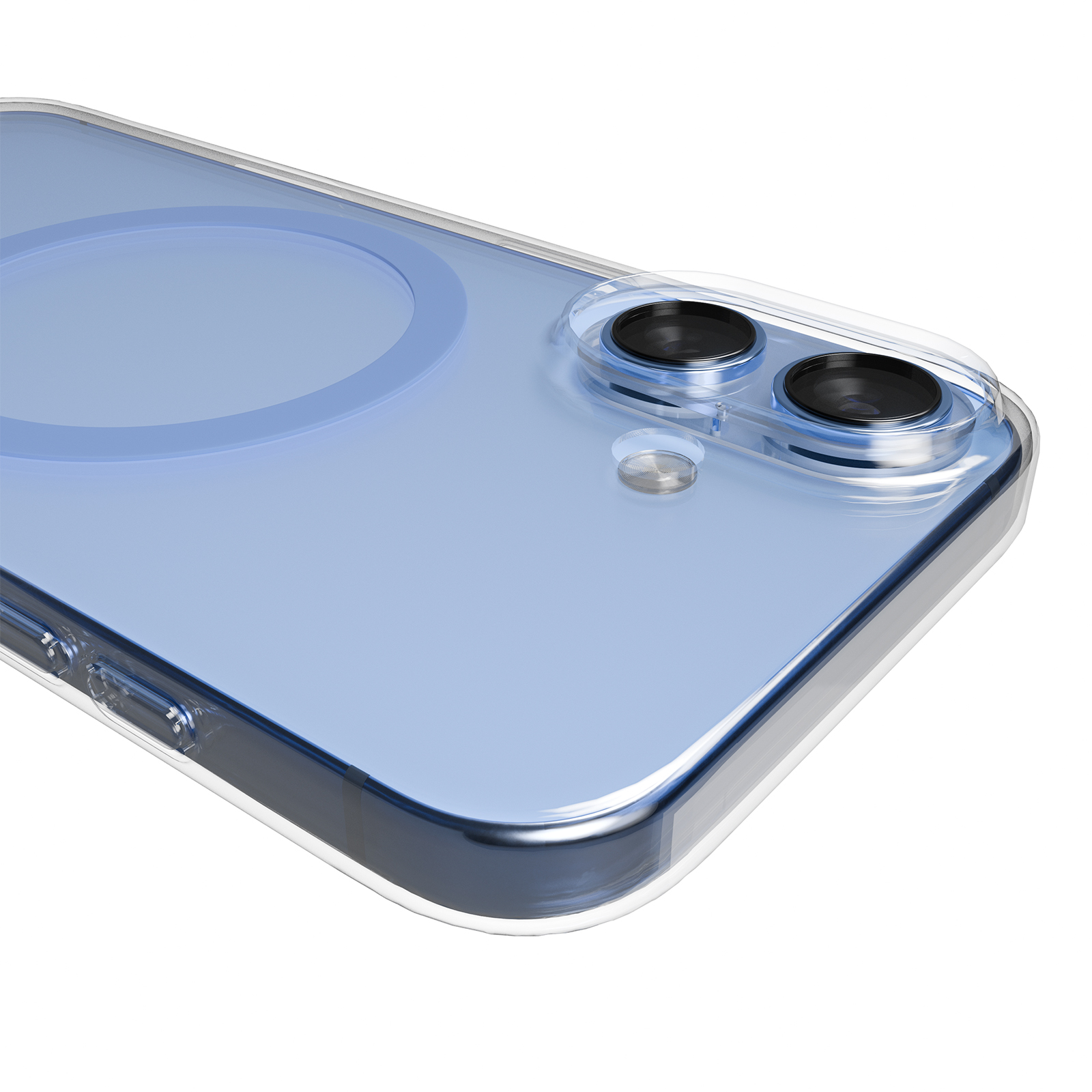 Uno smartphone blu con due fotocamere in una custodia trasparente.