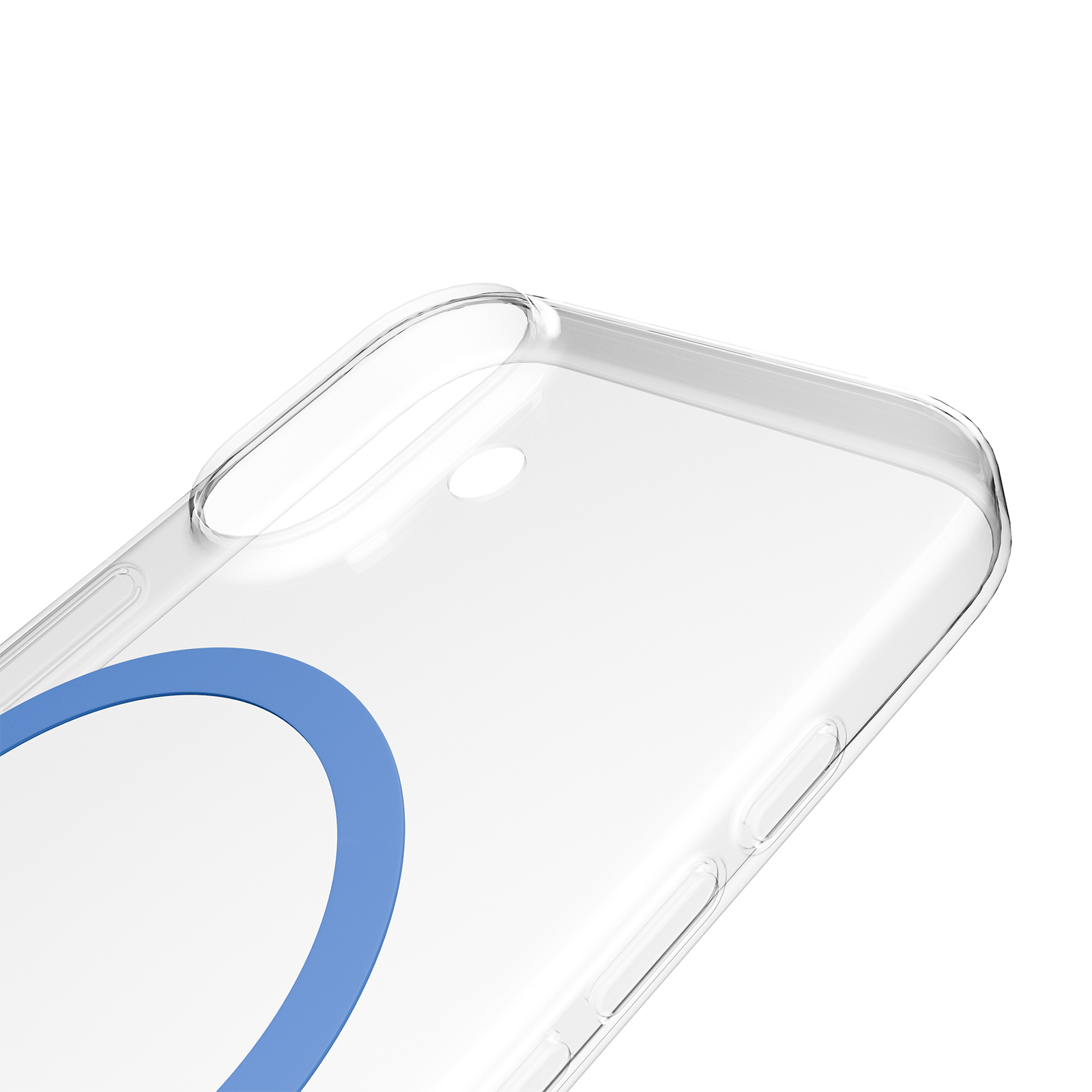 Custodia trasparente per telefono con anello blu su sfondo bianco.
