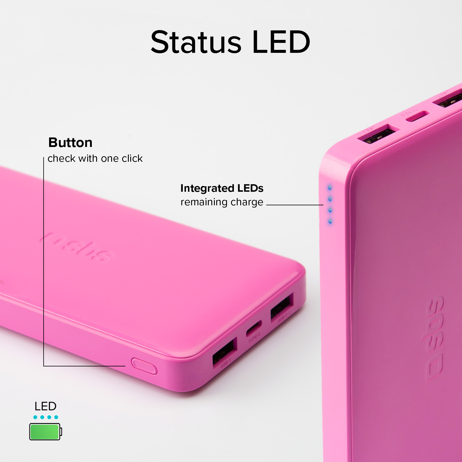 Un power bank rosa con porte USB-C e USB-A, con indicatori LED di carica.