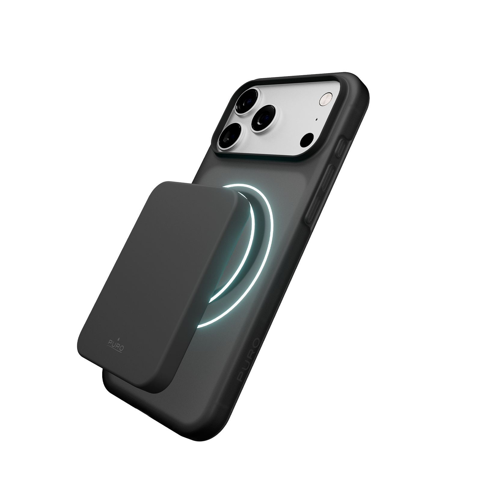 Una batería externa negra se acopla magnéticamente a un teléfono negro con tres lentes.