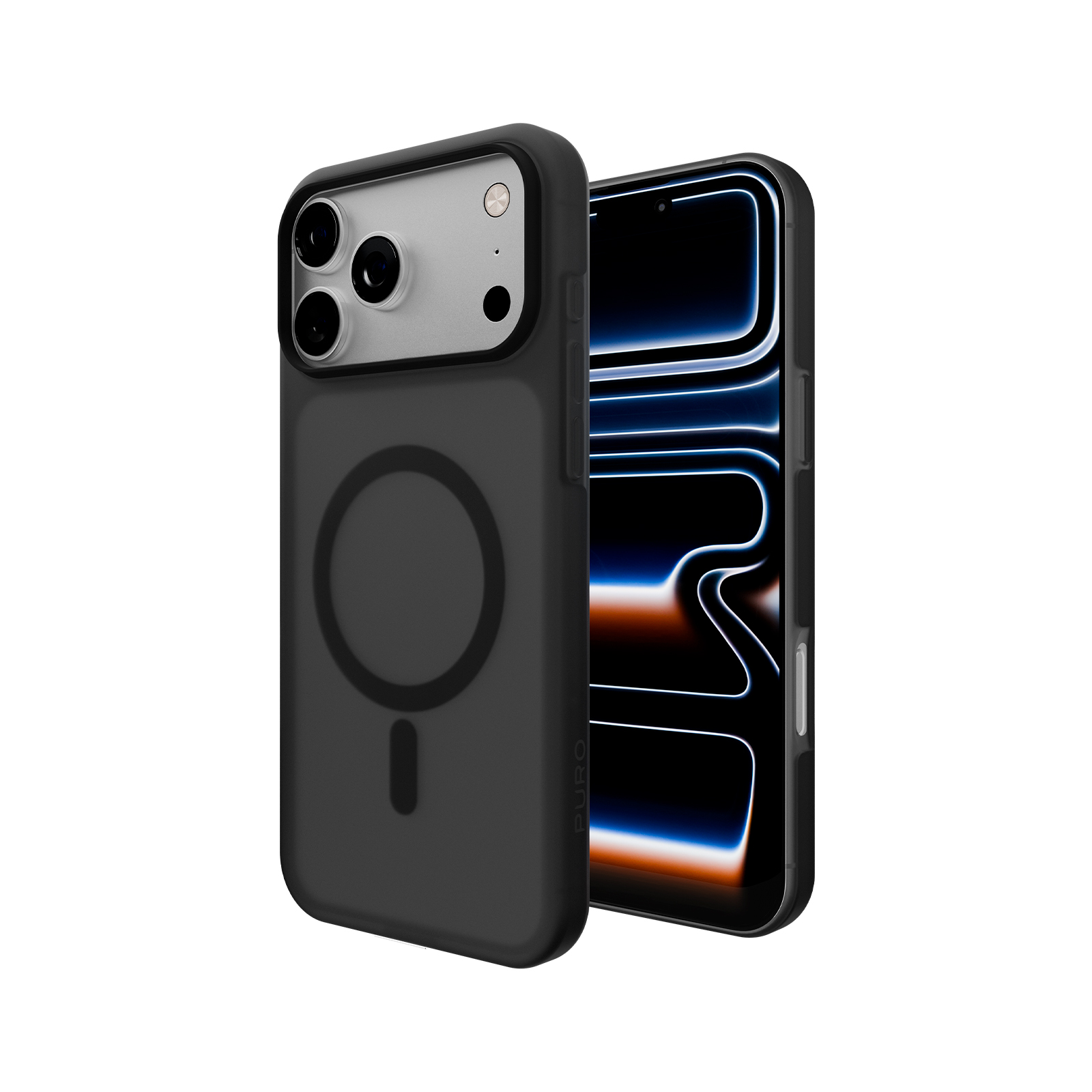 Un teléfono negro con una funda que muestra tres cámaras.