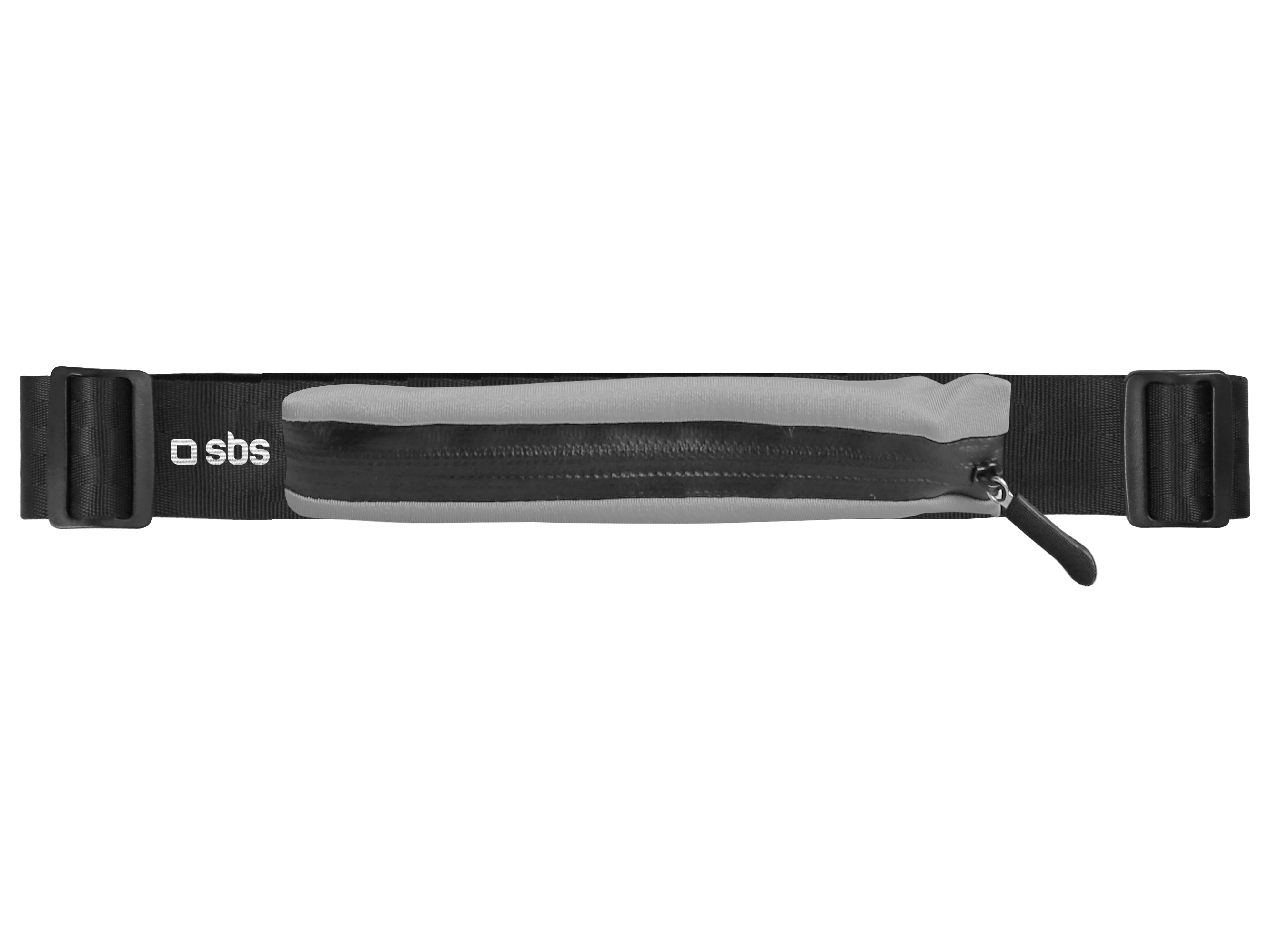 Cinturón negro con bolsa gris con cremallera y logo "sbs".