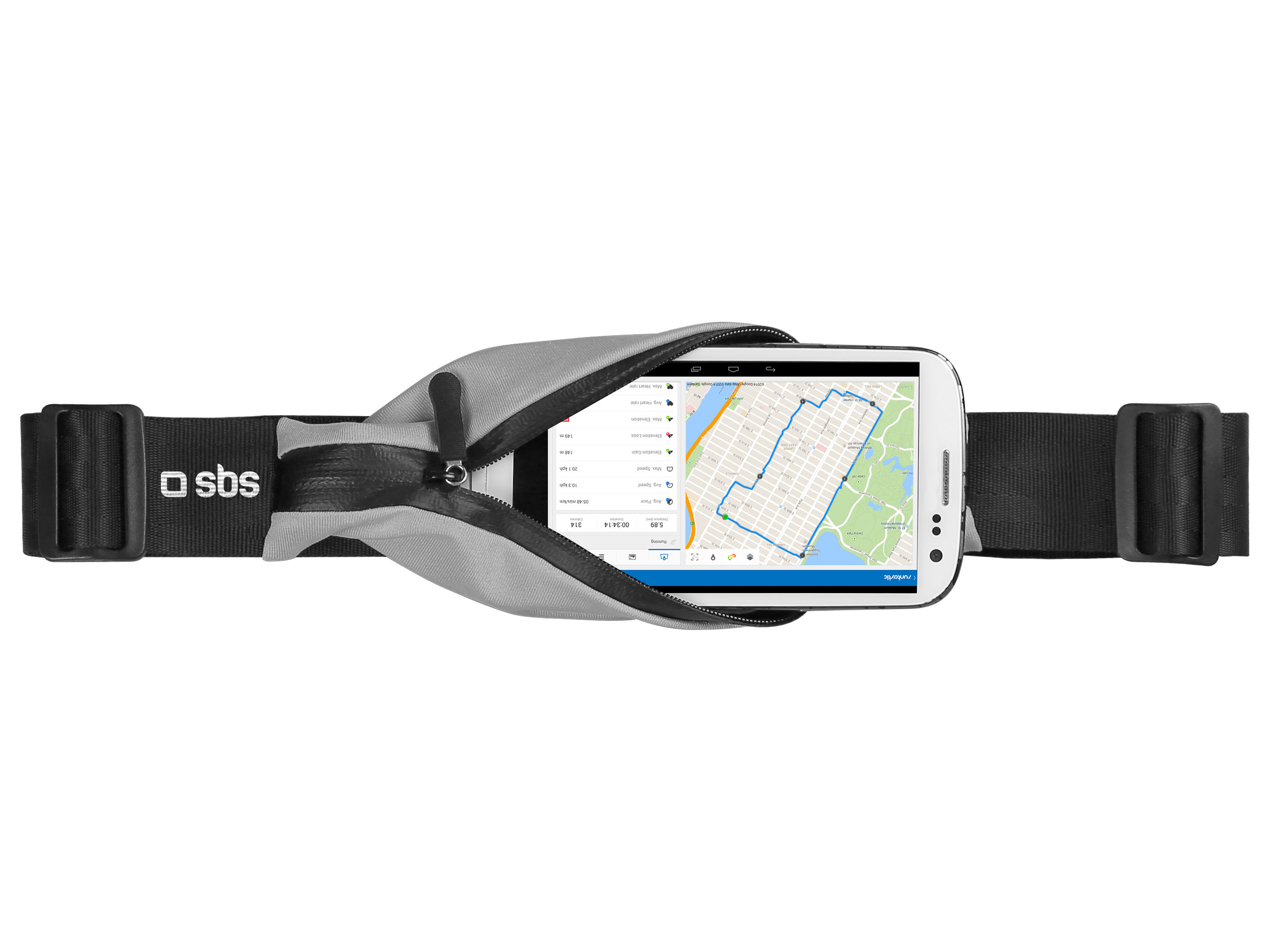 Una riñonera gris con un smartphone mostrando una ruta de running en Nueva York.