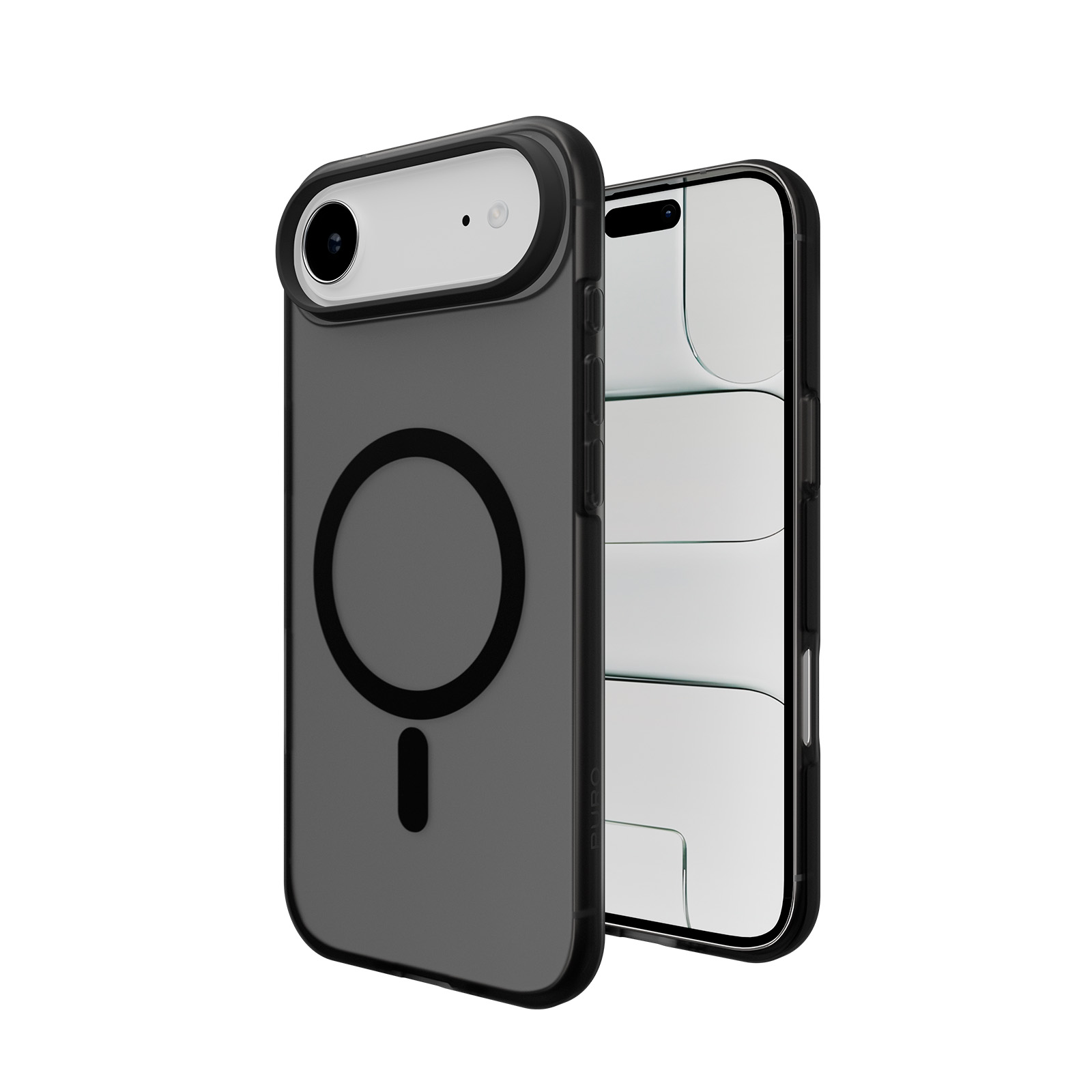 Ein durchsichtiges Handycover mit schwarzem Magnetring und einem Smartphone.