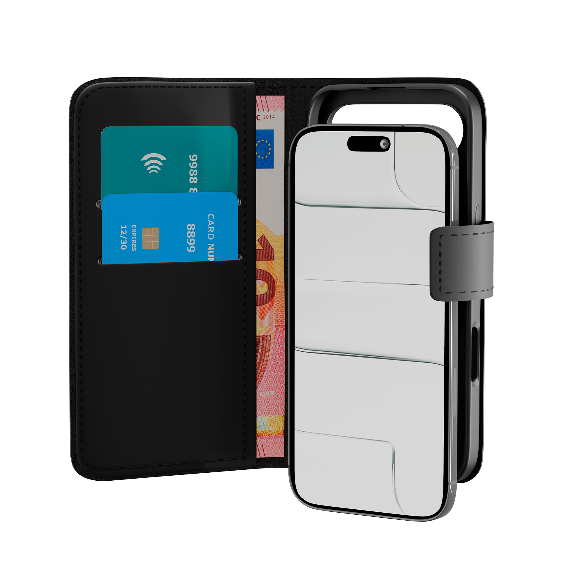 Custodia a portafoglio nera per telefono con porta carte, banconote e telefono.