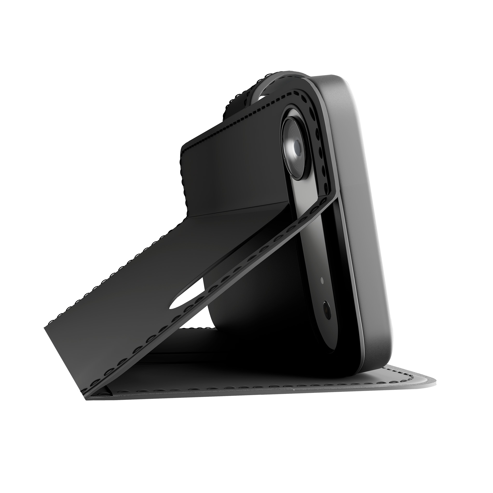 Custodia protettiva nera con supporto per un dispositivo elettronico con fotocamera.
