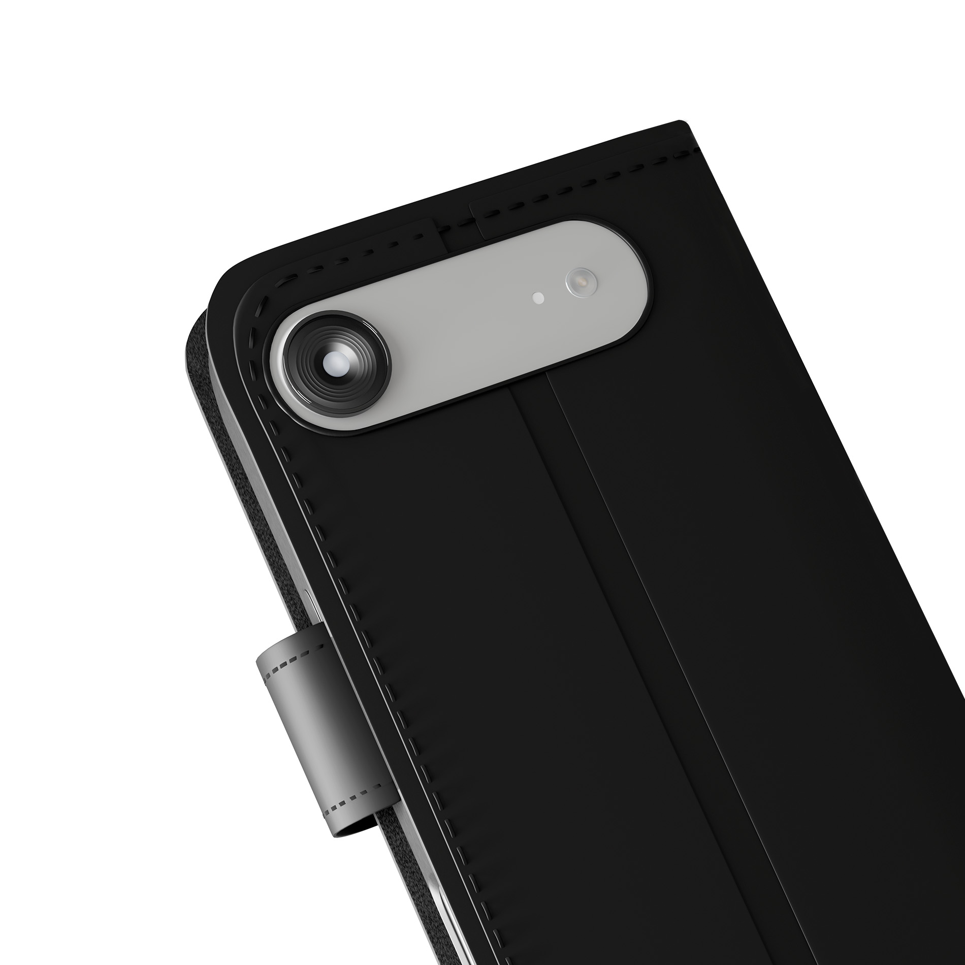 Custodia nera per telefono con obiettivo fotocamera e flash. Primo piano.