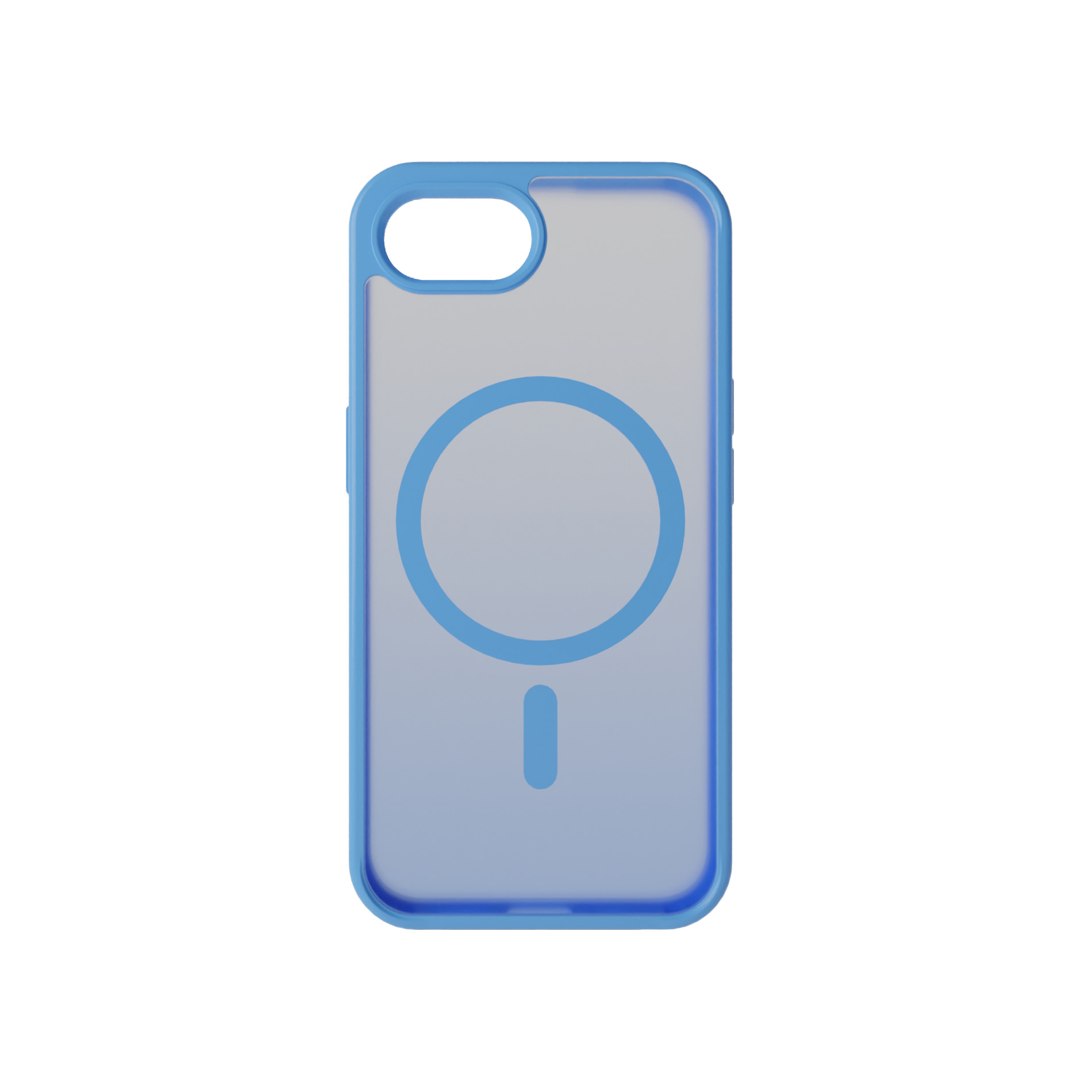 Custodia blu per telefono con motivo circolare su sfondo bianco.