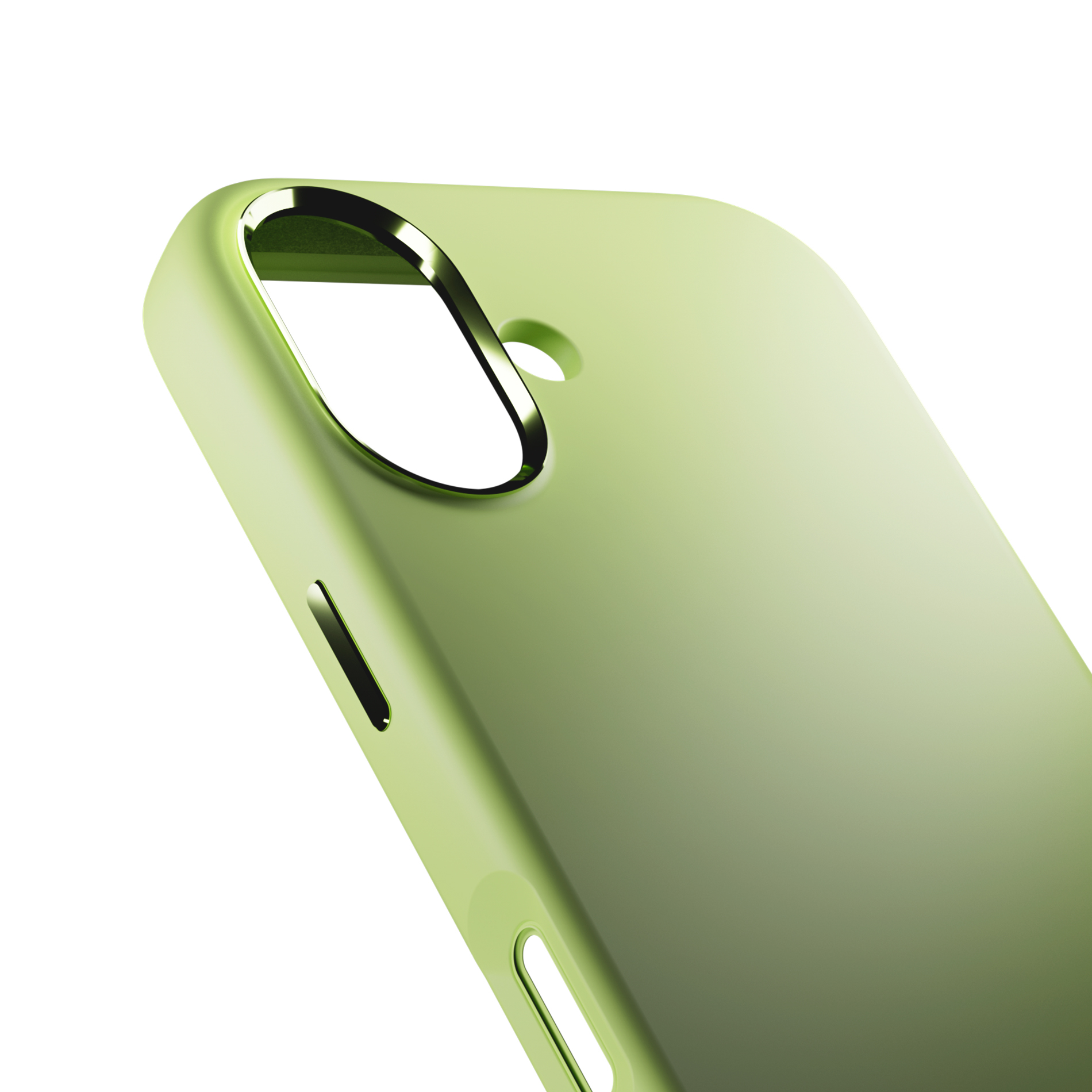 Una funda de teléfono verde claro con borde plateado alrededor del recorte de la cámara.