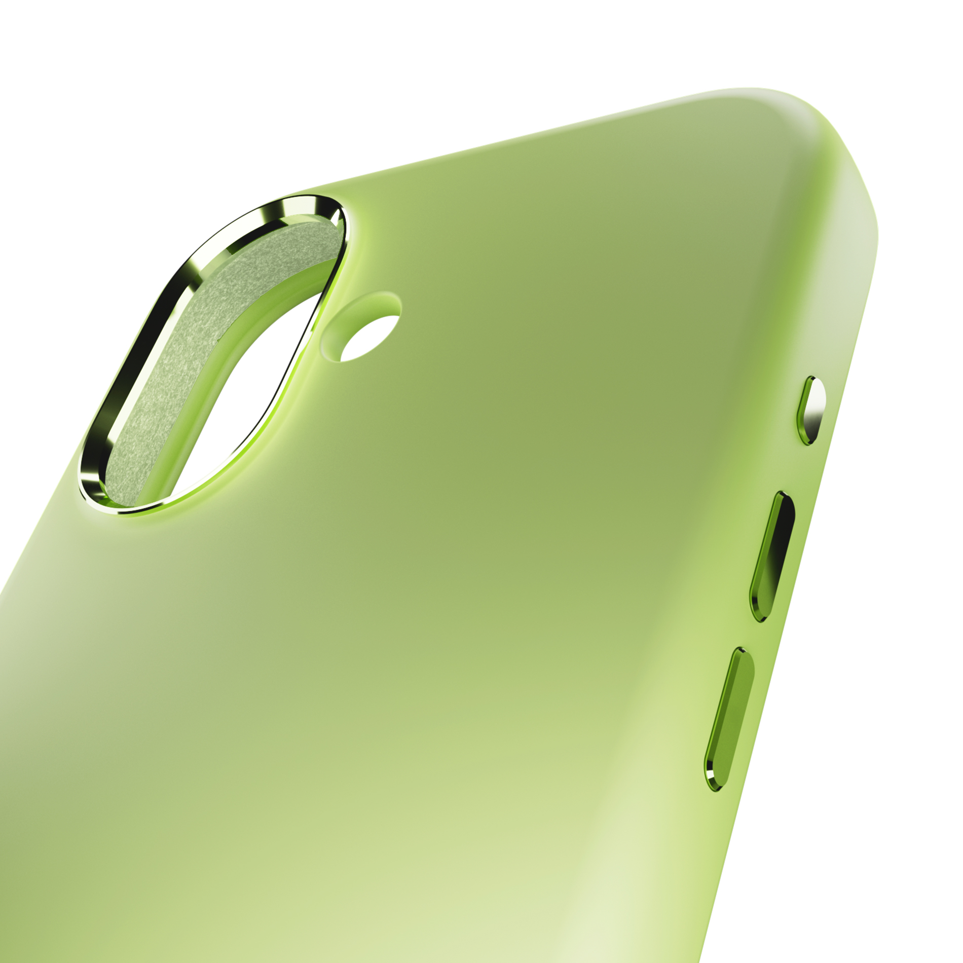 Una funda de teléfono verde claro con recortes para cámara y botones.