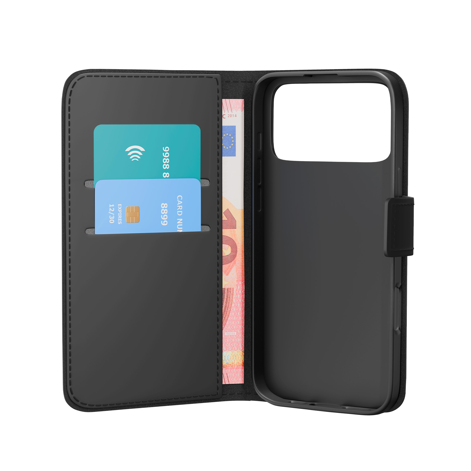 Custodia a libro nera per telefono con slot per carte e scomparto banconote.