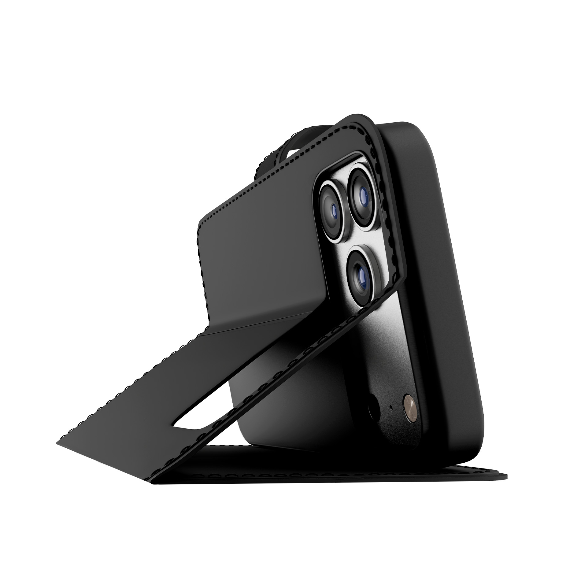 Un telefono nero con tre fotocamere, in piedi in una custodia nera.