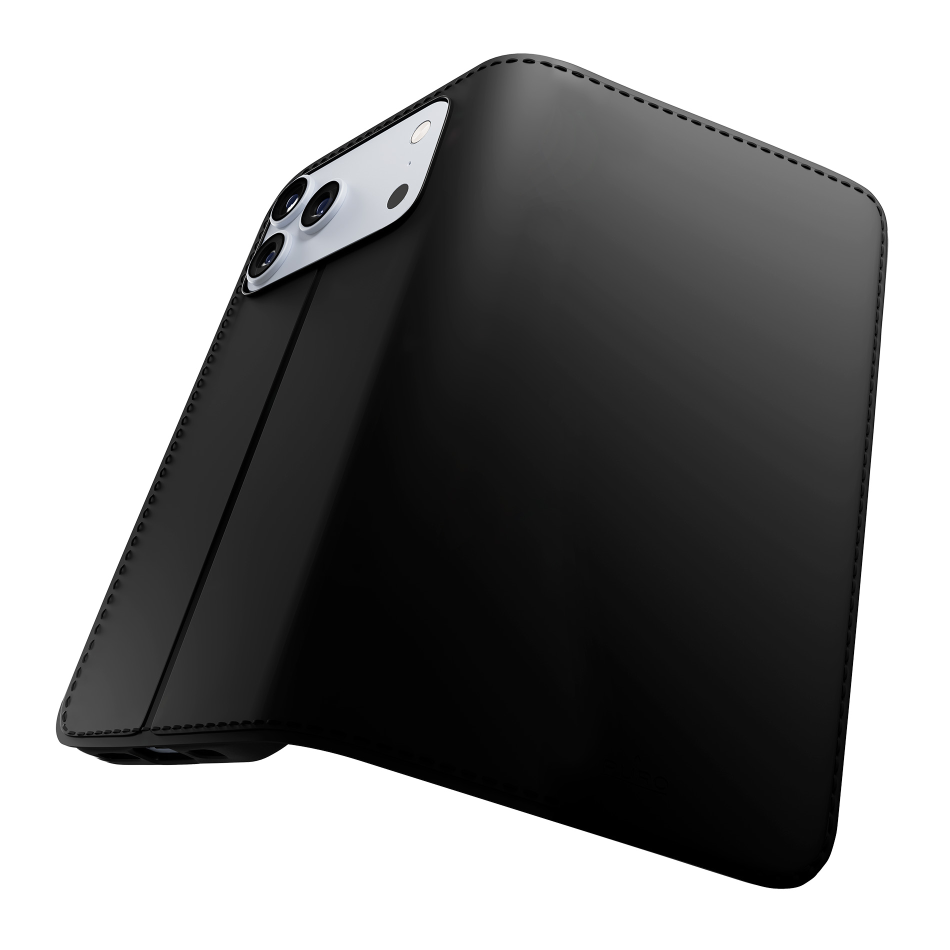 Telefono nero con tripla fotocamera e dettagli cuciti sulla custodia.