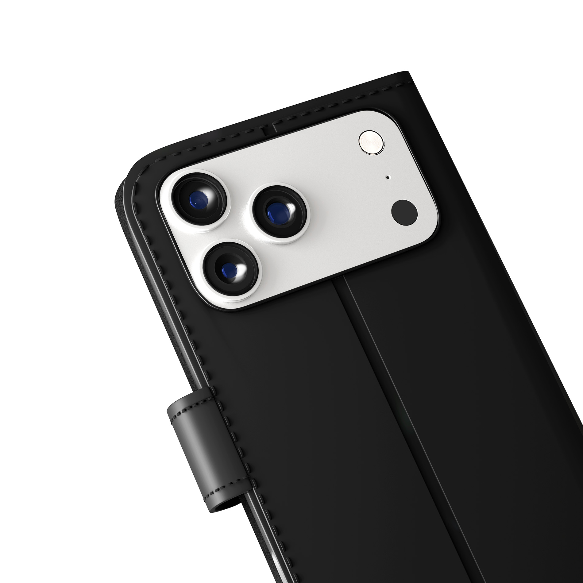 Custodia nera per telefono con tre fotocamere e cinturino di chiusura.