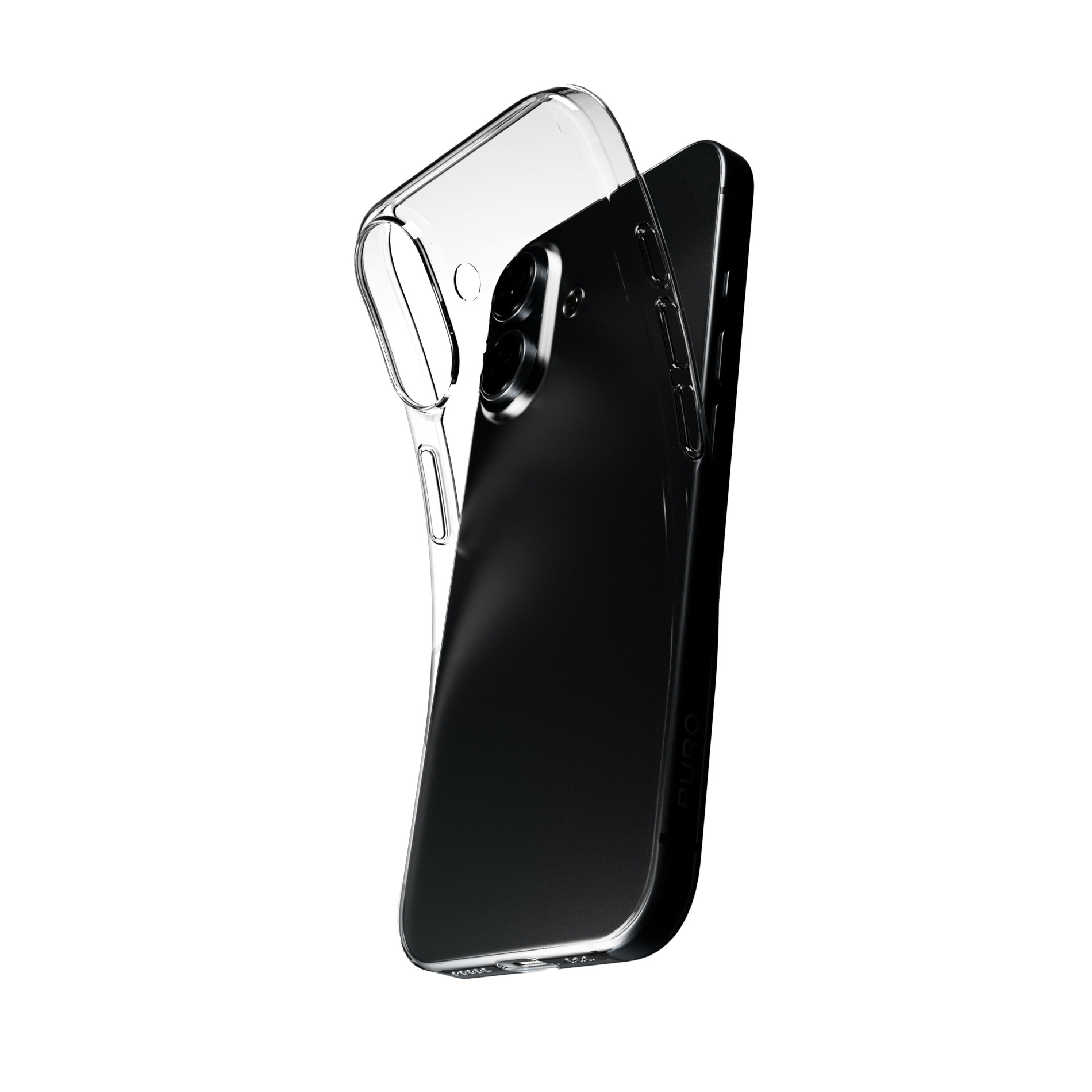 Uno smartphone nero con una custodia trasparente che lo copre parzialmente.