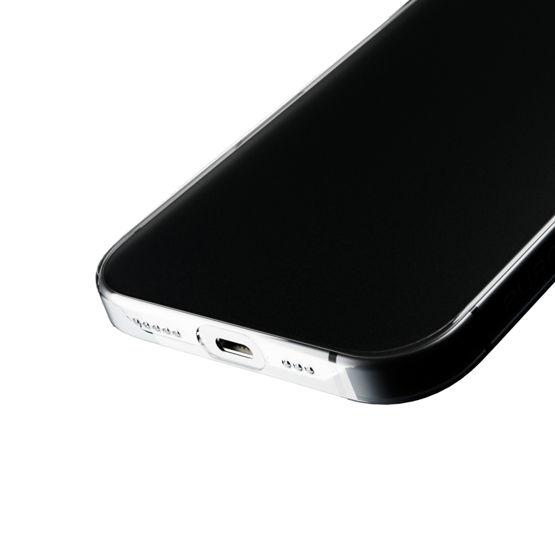 Primo piano di uno smartphone nero con cornice argentata e porta di ricarica.