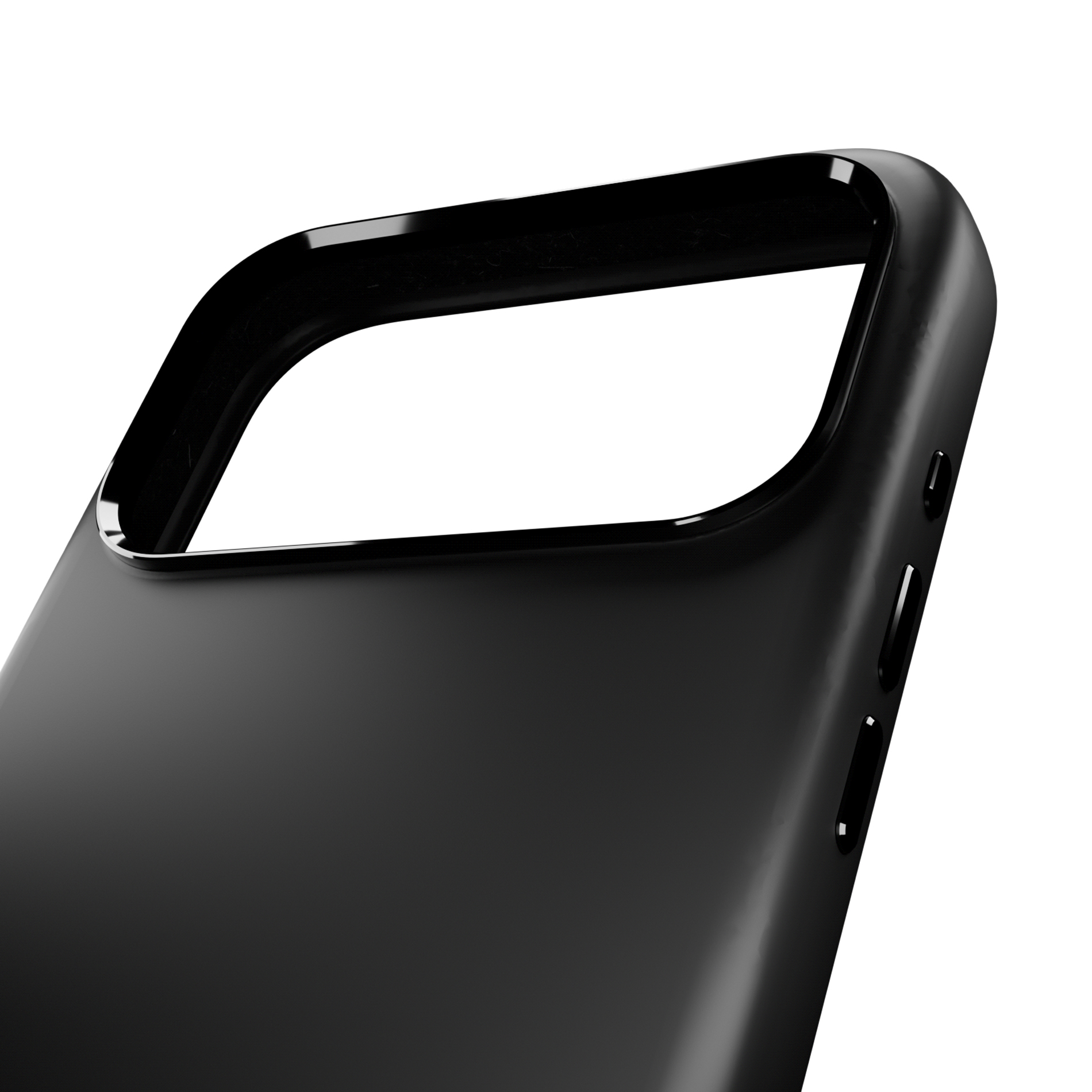 Custodia nera per telefono con ritagli per fotocamera e pulsanti.