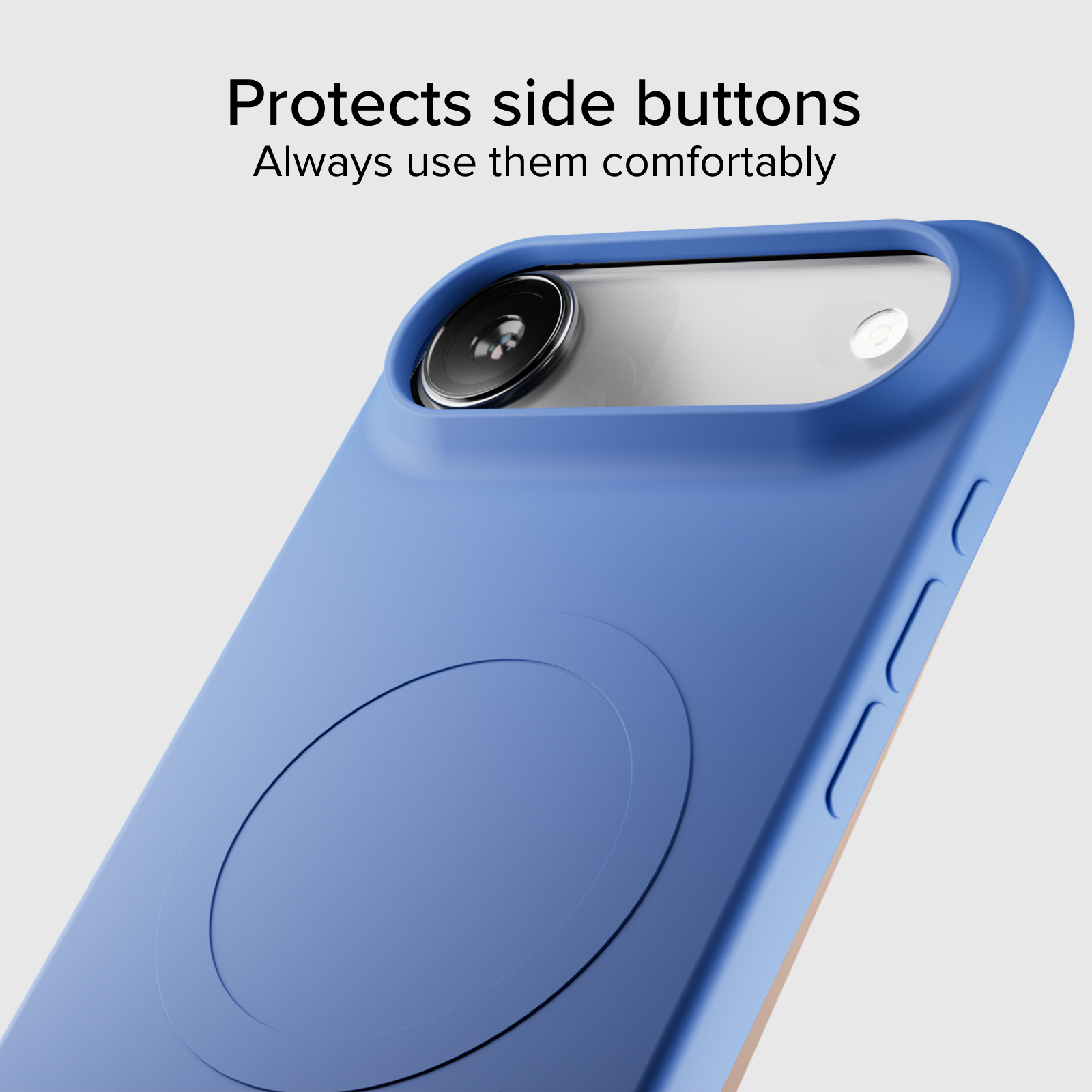 Funda azul para teléfono con recorte de cámara y detalles circulares.