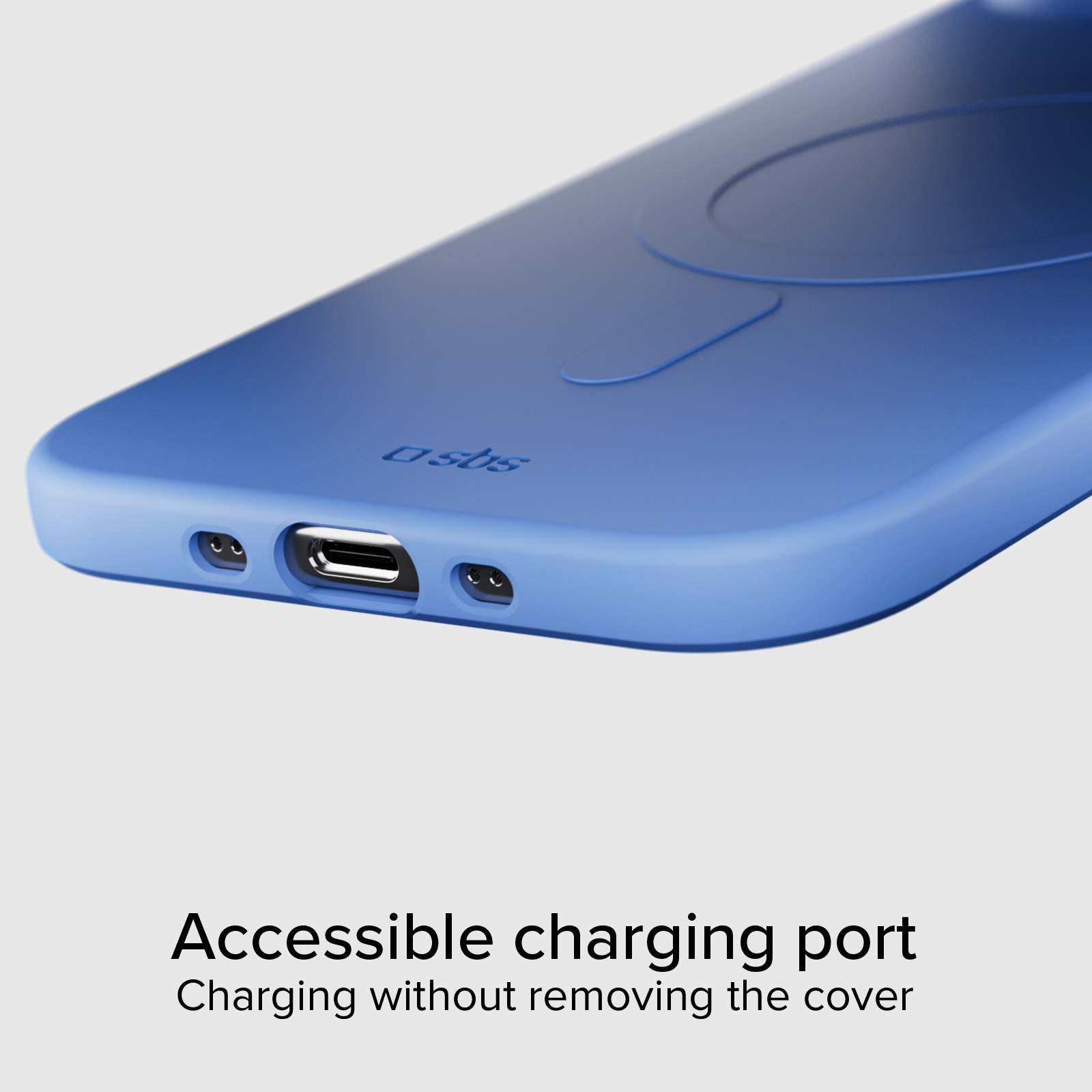 Una funda de teléfono azul muestra un puerto de carga y aberturas para altavoces.