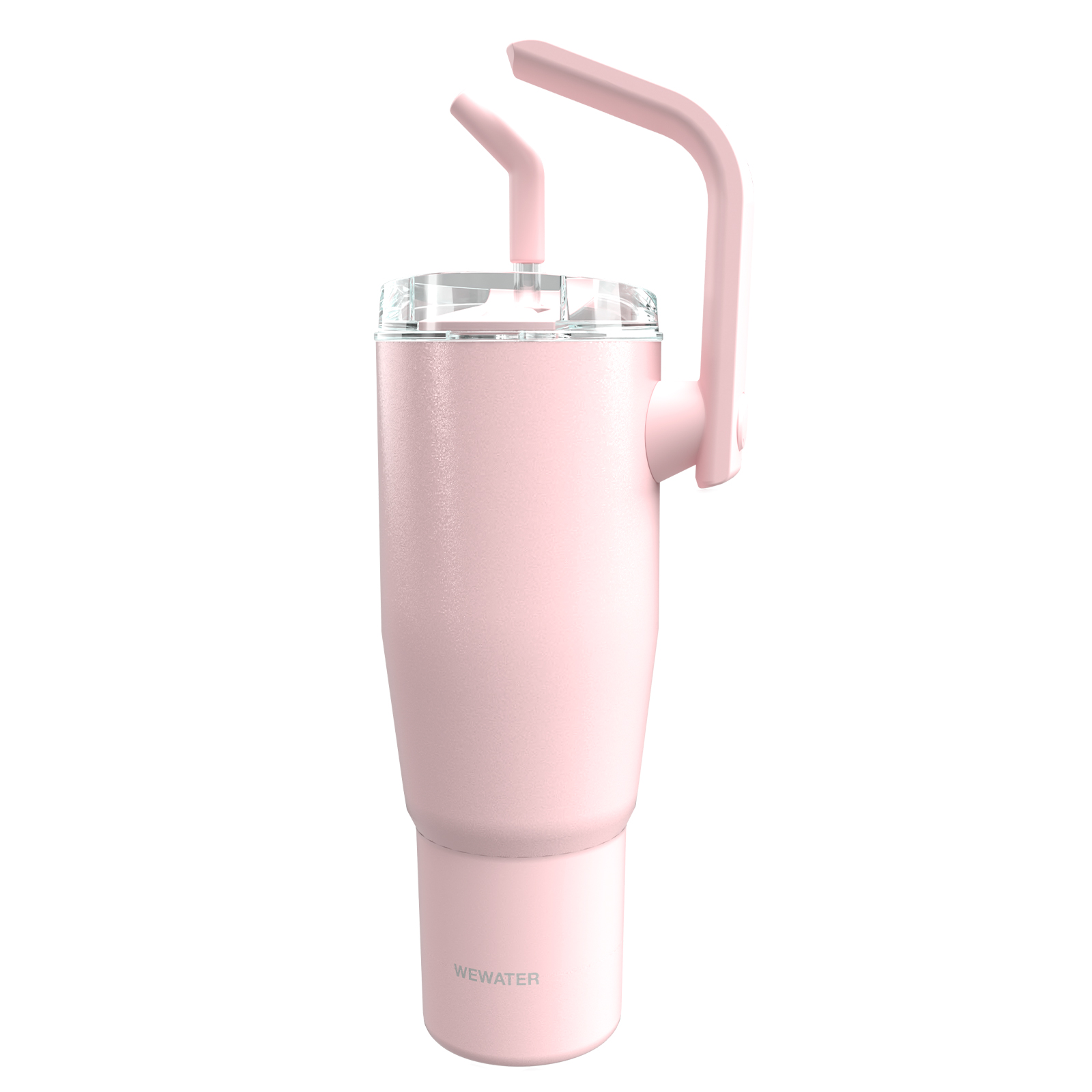 Un vaso rosa con asa y pajita.
