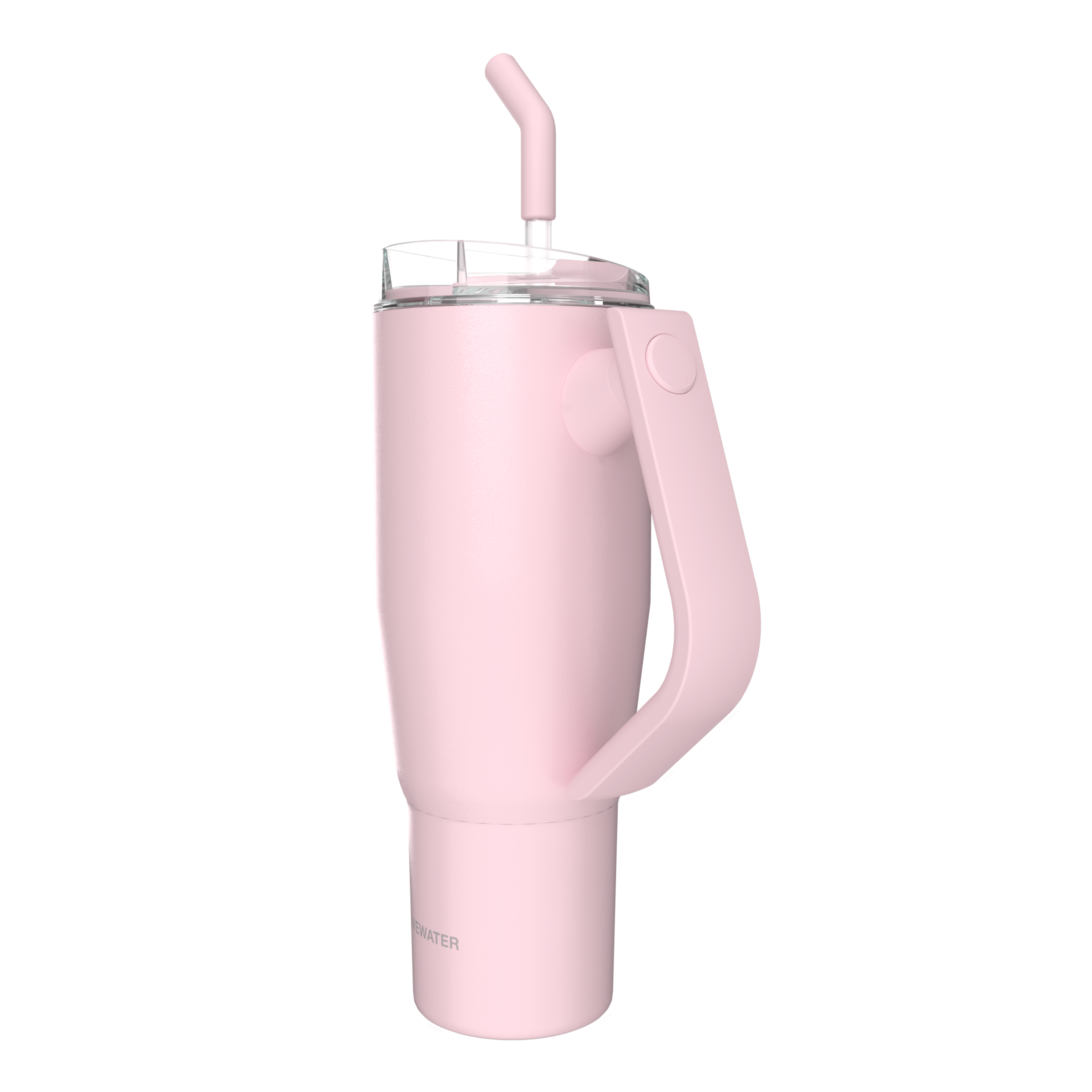 Un vaso rosa con asa y pajita, aislado sobre fondo blanco.