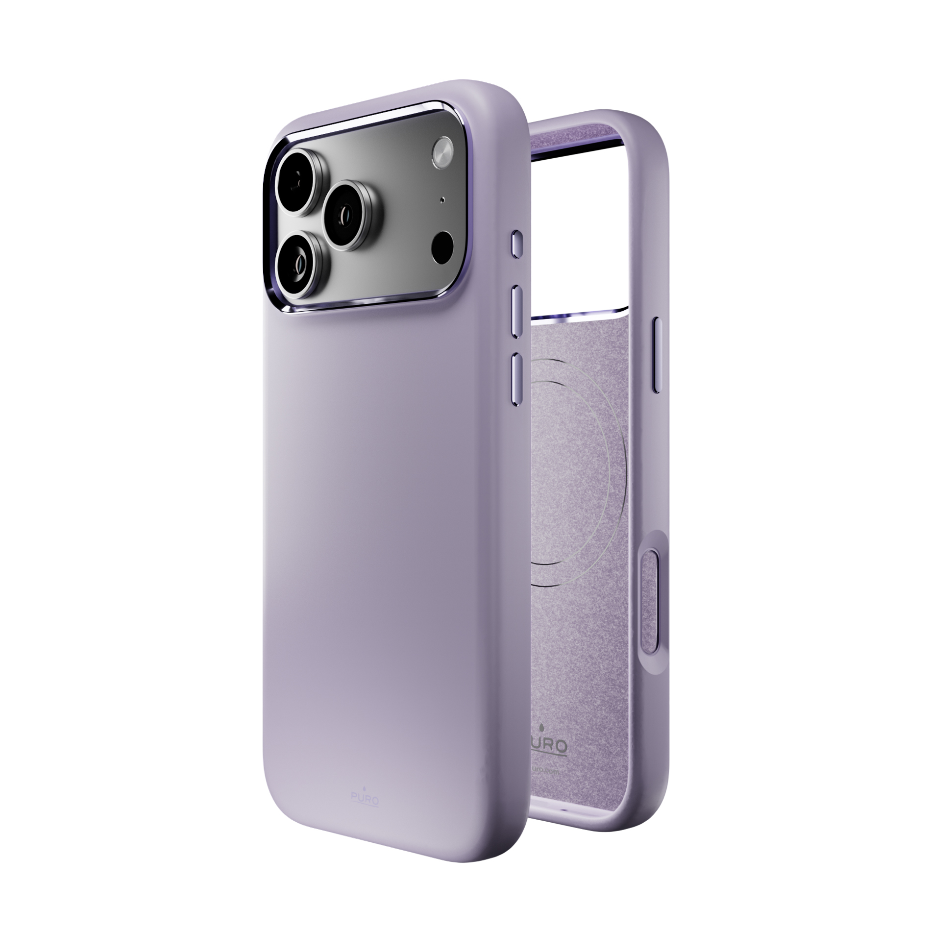 Ein lilafarbenes Handycover mit dreifacher Kameralinse und silbernem Rand.