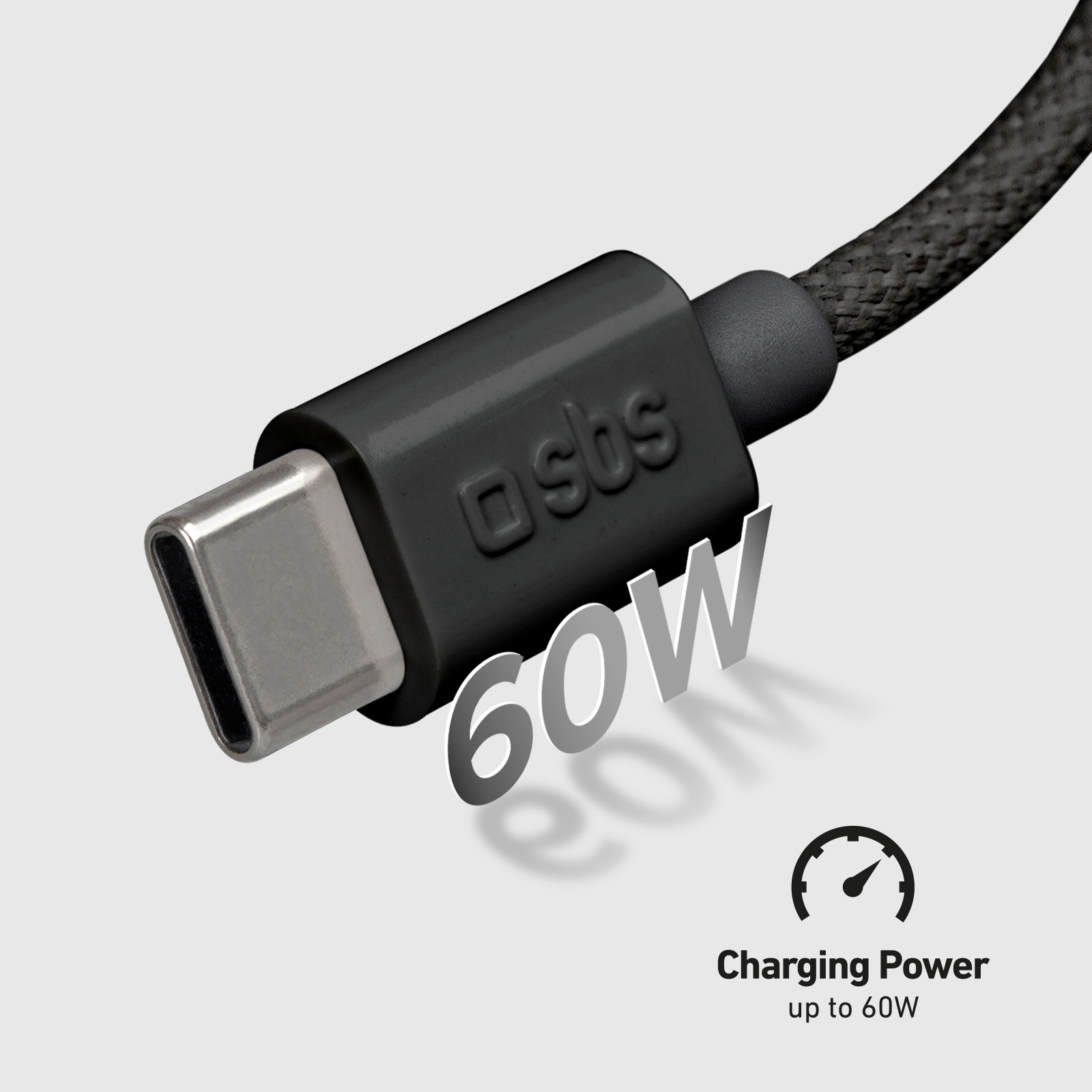 Conector USB-C negro con logo SBS e indicador de carga de 60W.
