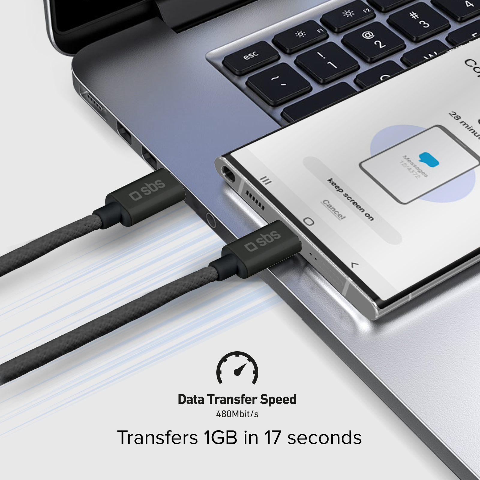 Un portátil está conectado a un smartphone mediante dos cables SBS.