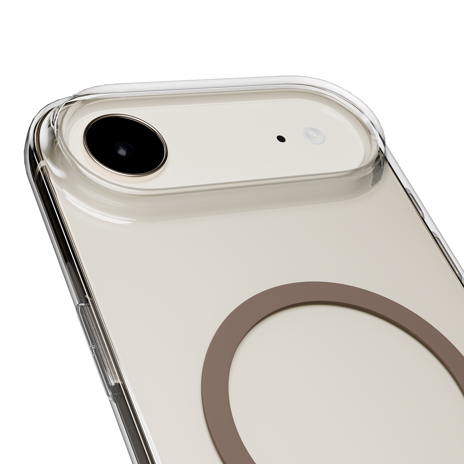 Custodia trasparente per telefono con obiettivo, flash e anello marrone.
