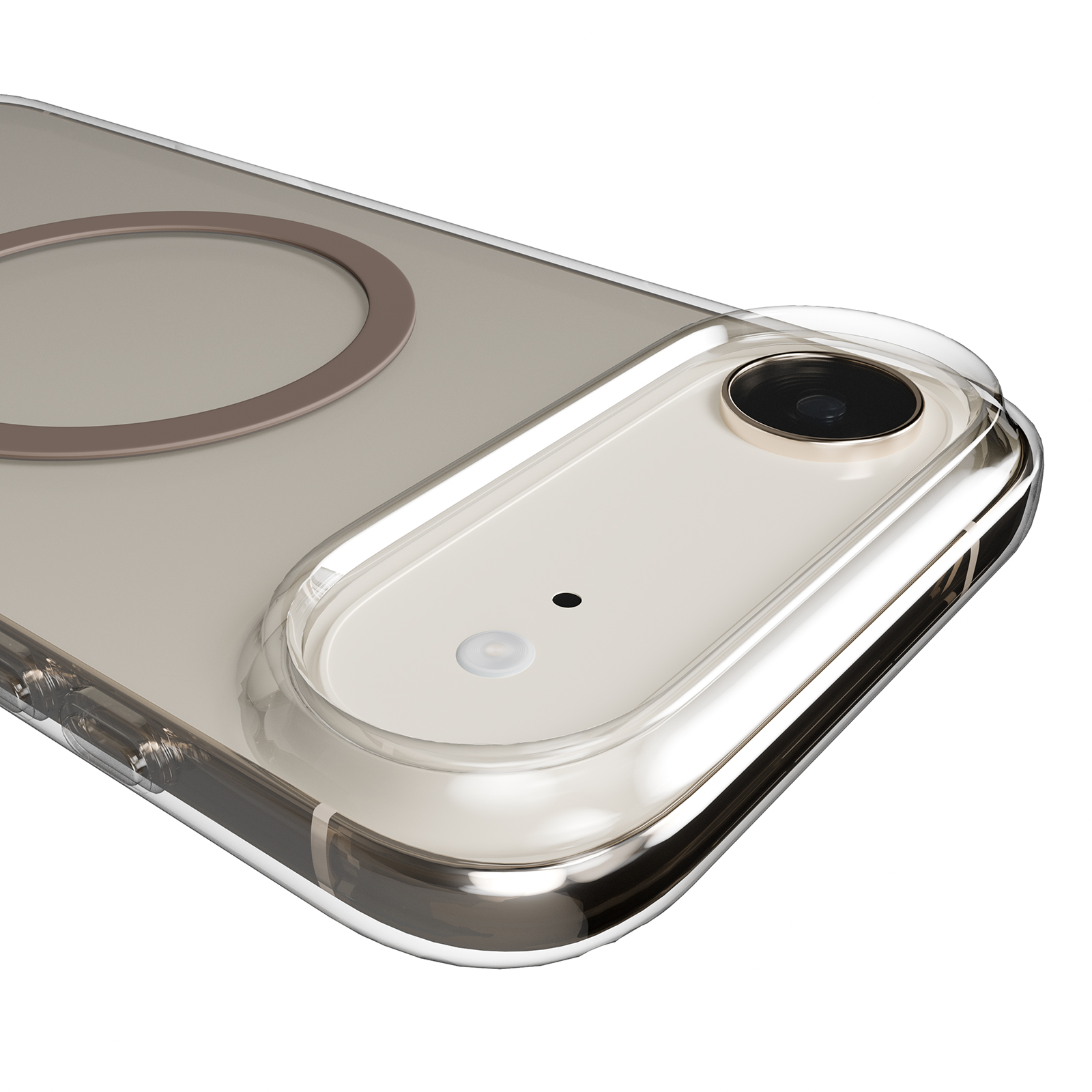 Retro di un telefono bianco con custodia trasparente, che mostra lenti e anello.