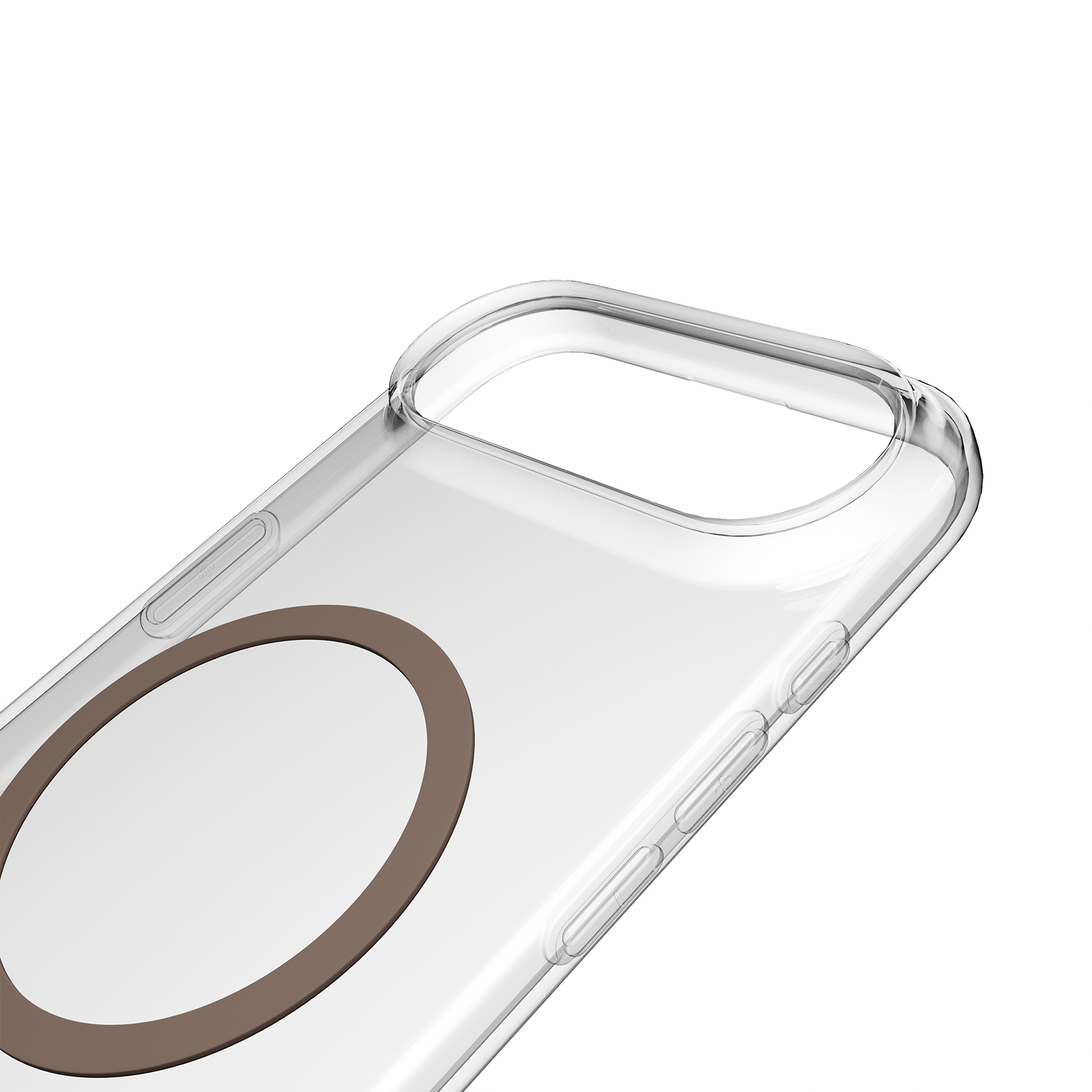 Custodia trasparente per telefono con anello magnetico marrone e pulsanti.