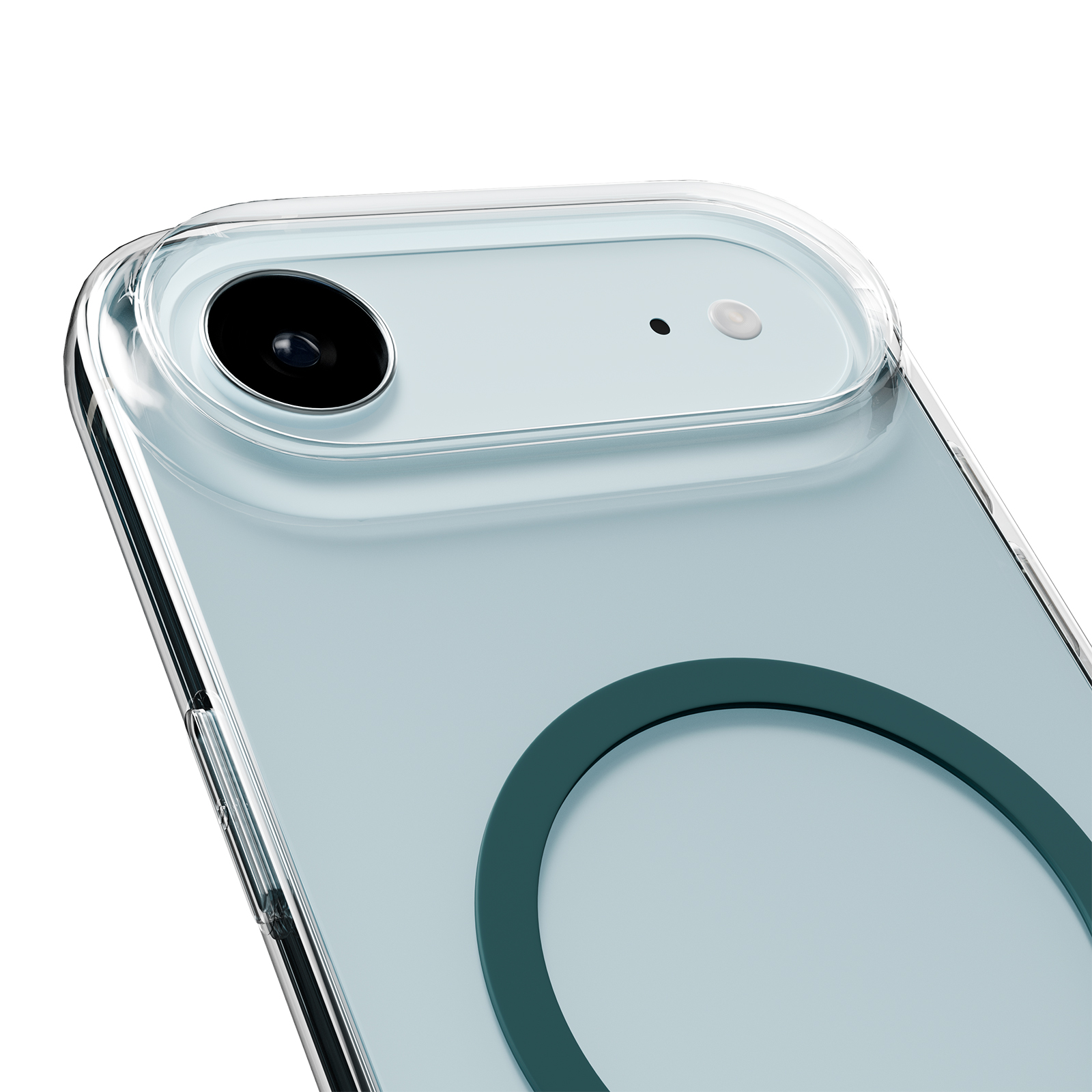 Custodia trasparente per telefono con fotocamera e anello su sfondo azzurro.