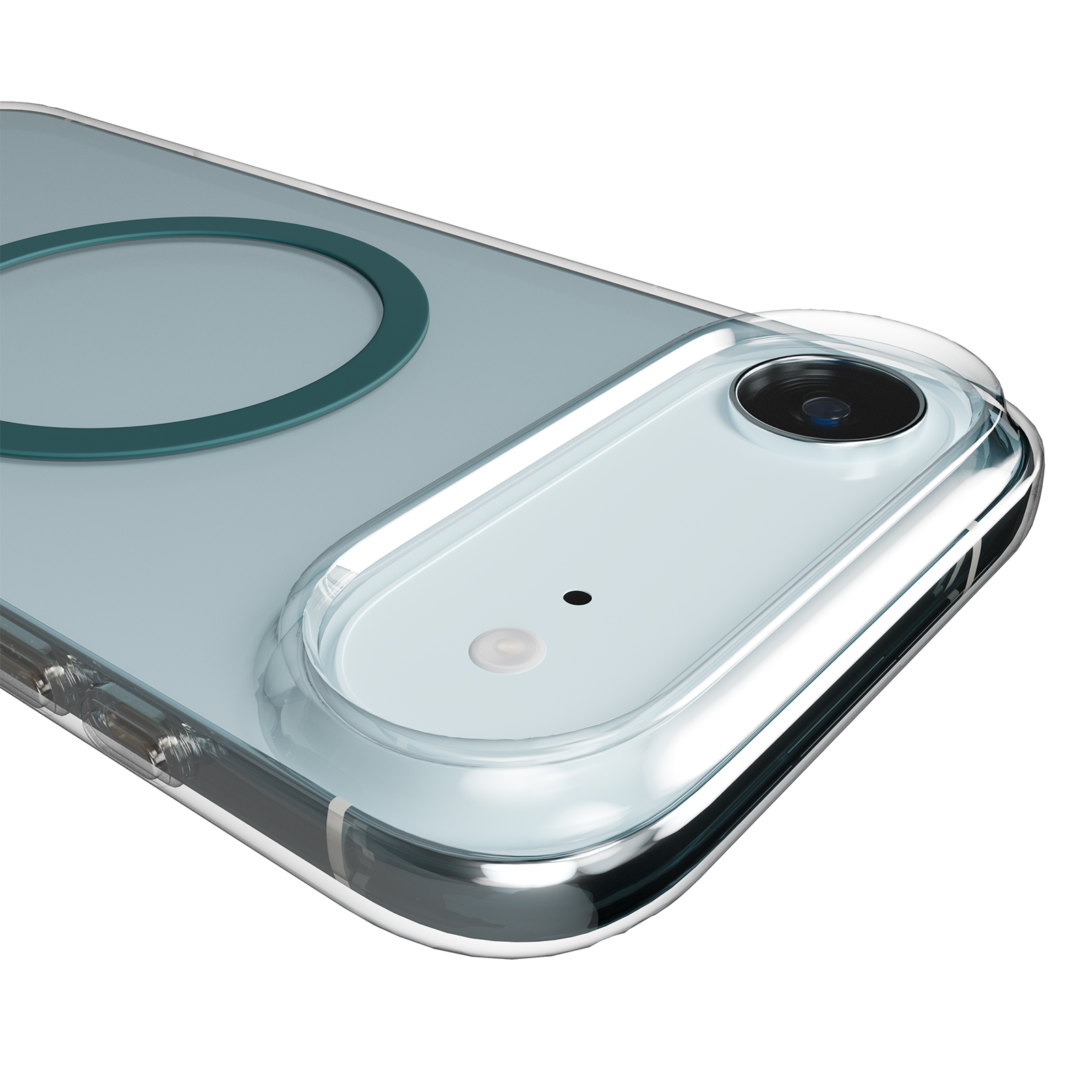 Custodia trasparente per telefono con modulo fotocamera e anello magnetico.