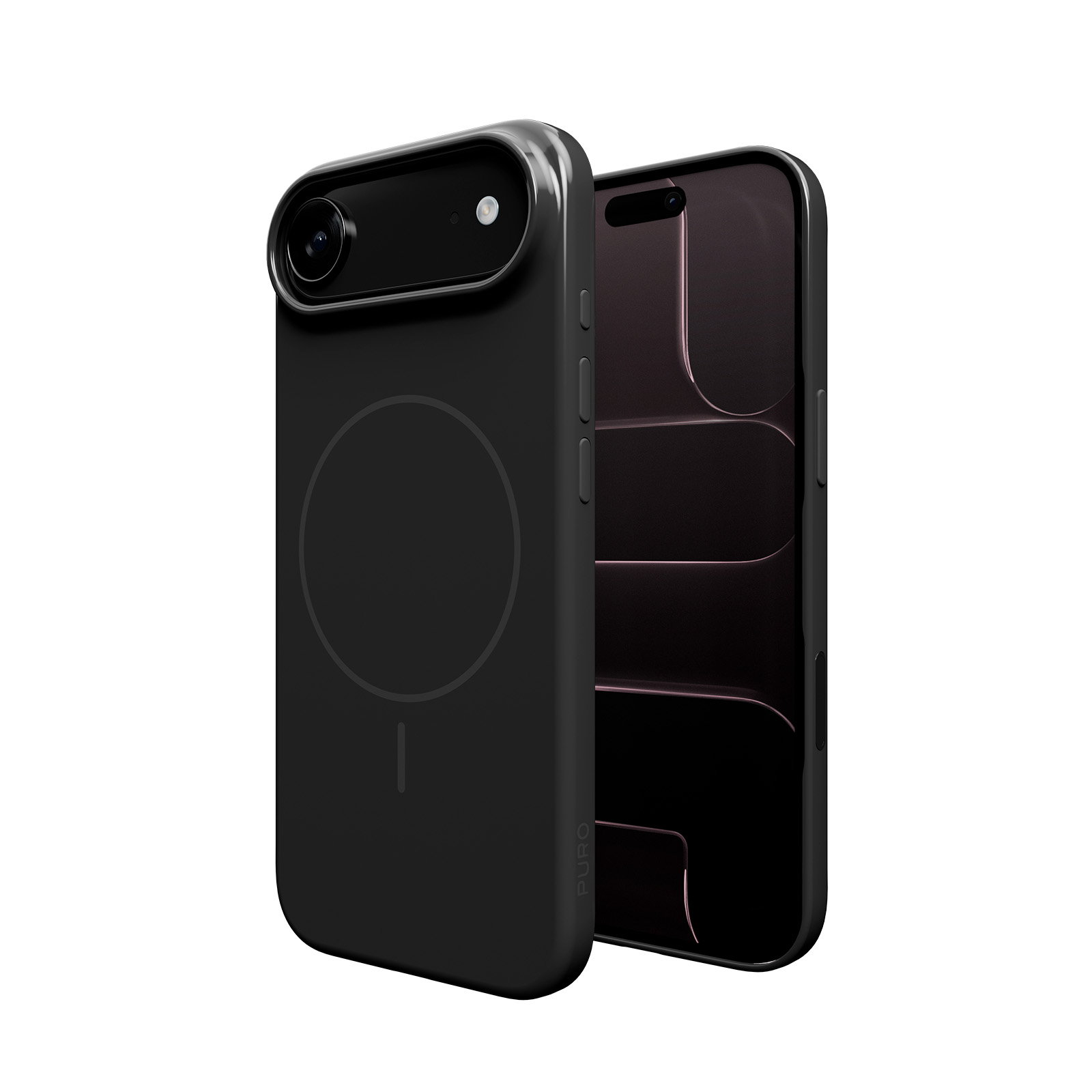Custodia nera per telefono con ritaglio fotocamera e anello magnetico, accanto a un telefono.