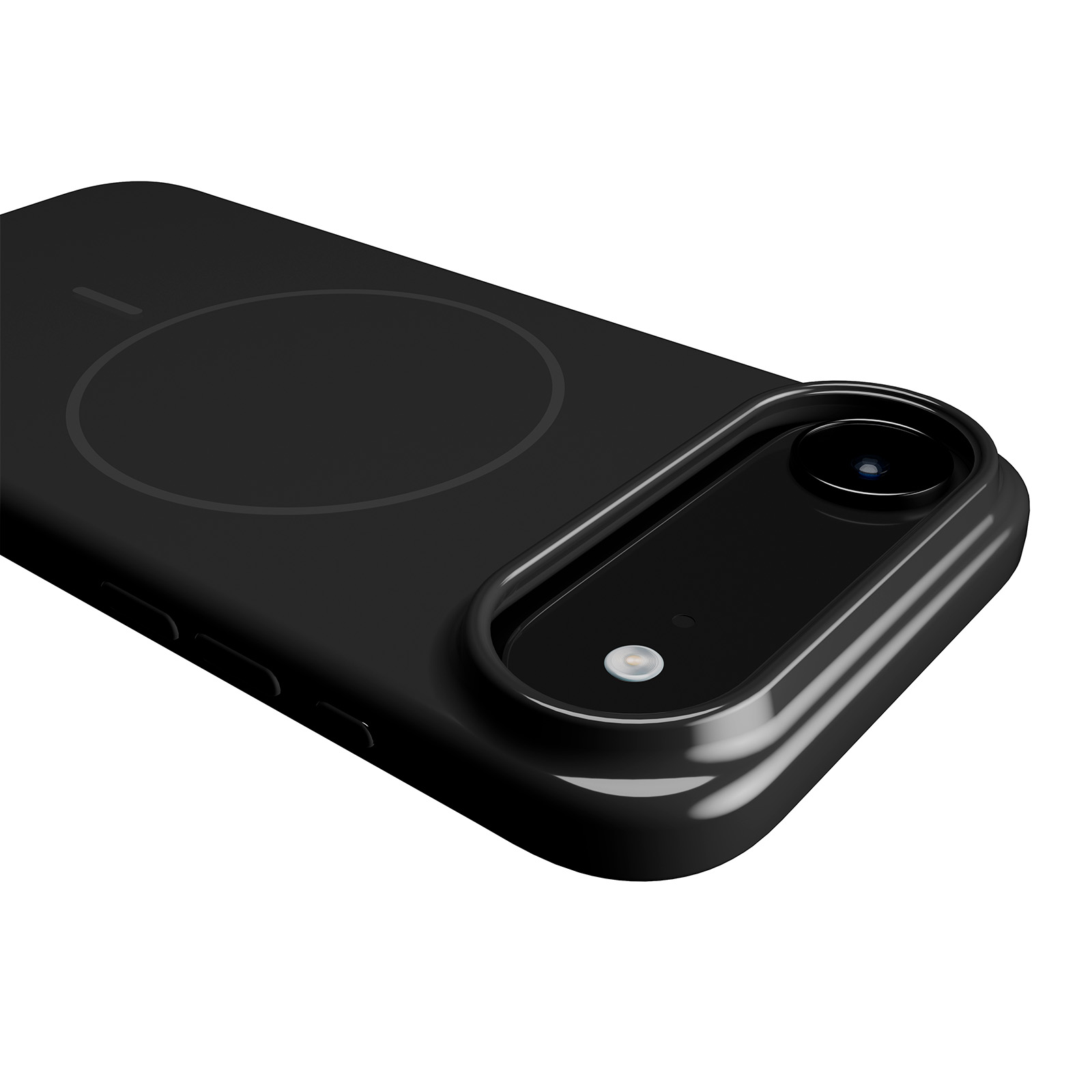 Custodia nera per telefono con obiettivo della fotocamera e flash su sfondo bianco.